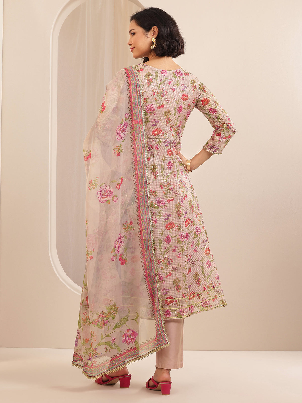 Libas Pink Printed Silk Blend A-line Suit Sets With Dupatta