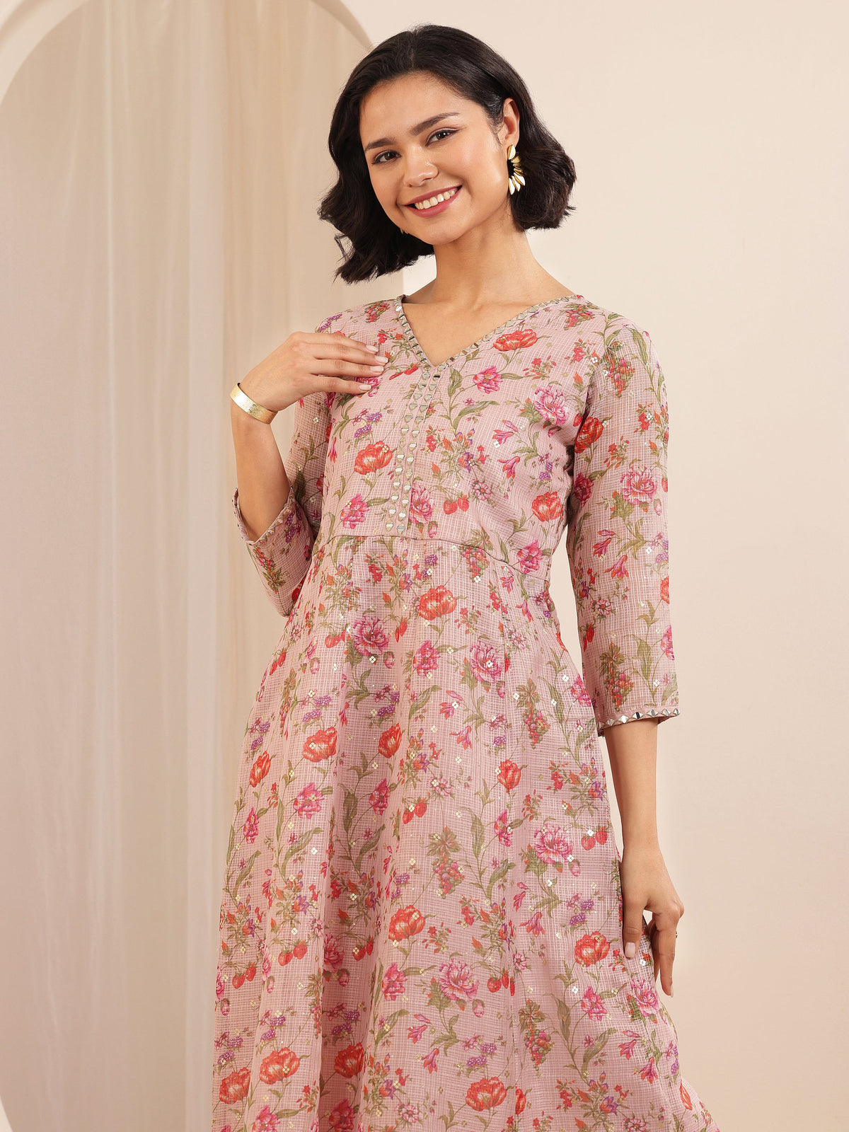 Libas Pink Printed Silk Blend A-line Suit Sets With Dupatta