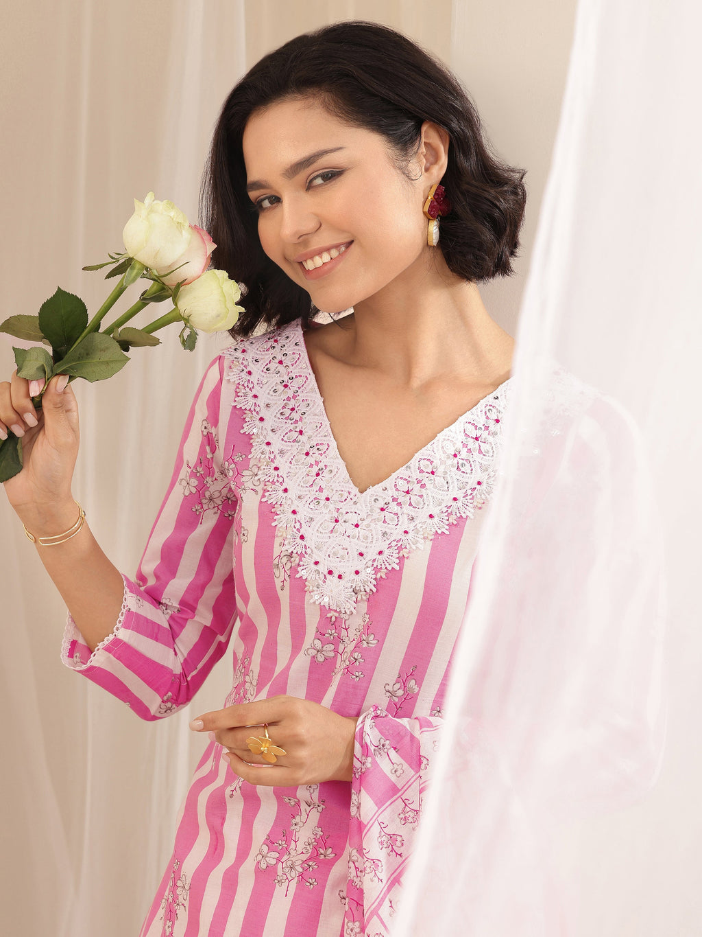 Libas Pink Printed Cotton Straight Suit Sets With Dupatta