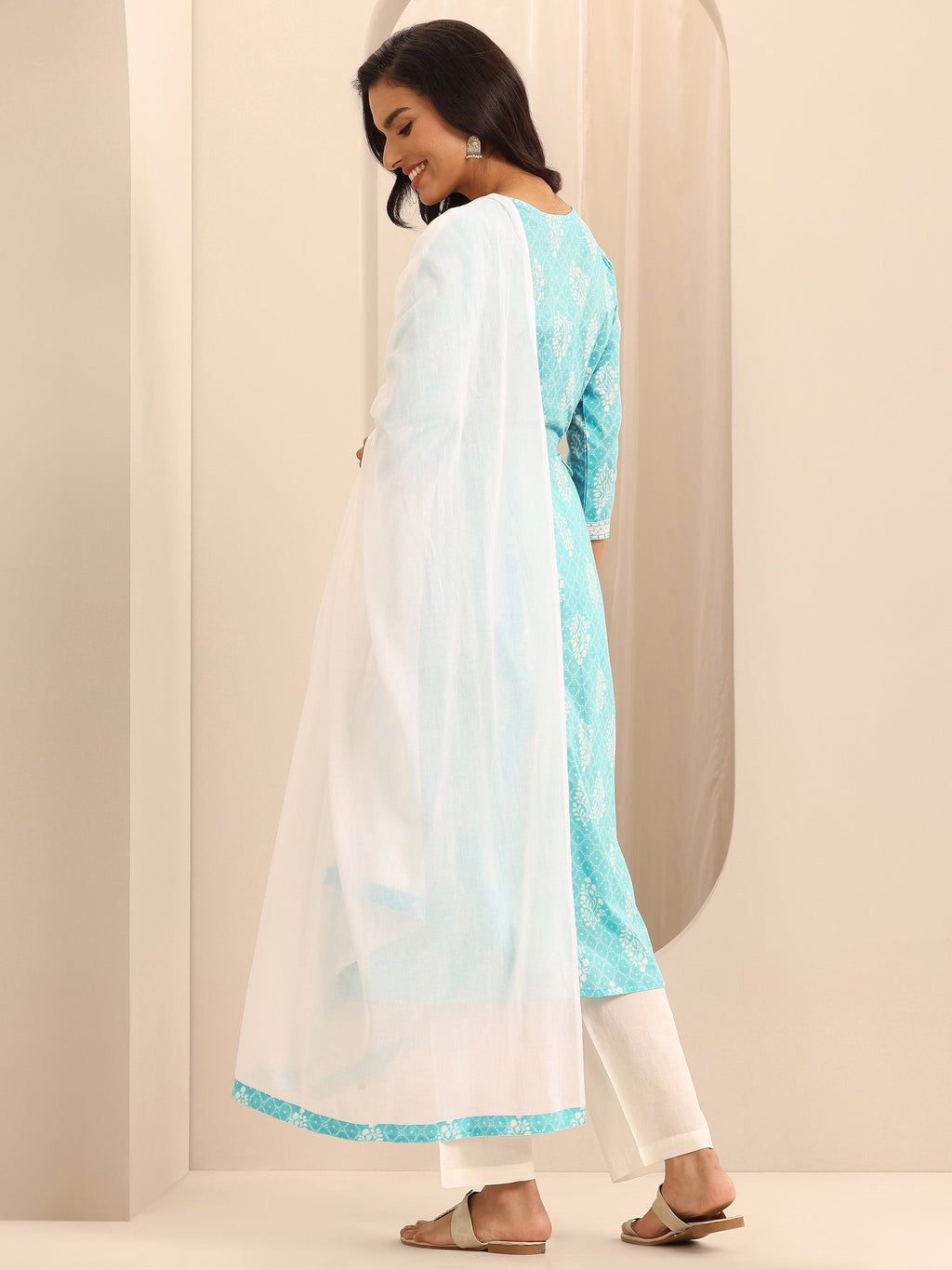 Libas Turquoise Printed Cotton A-line Suit Set With Dupatta