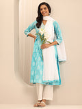 Libas Turquoise Printed Cotton A-line Suit Set With Dupatta