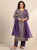 Libas Purple Yoke Design Cotton Straight Suit Set With Dupatta