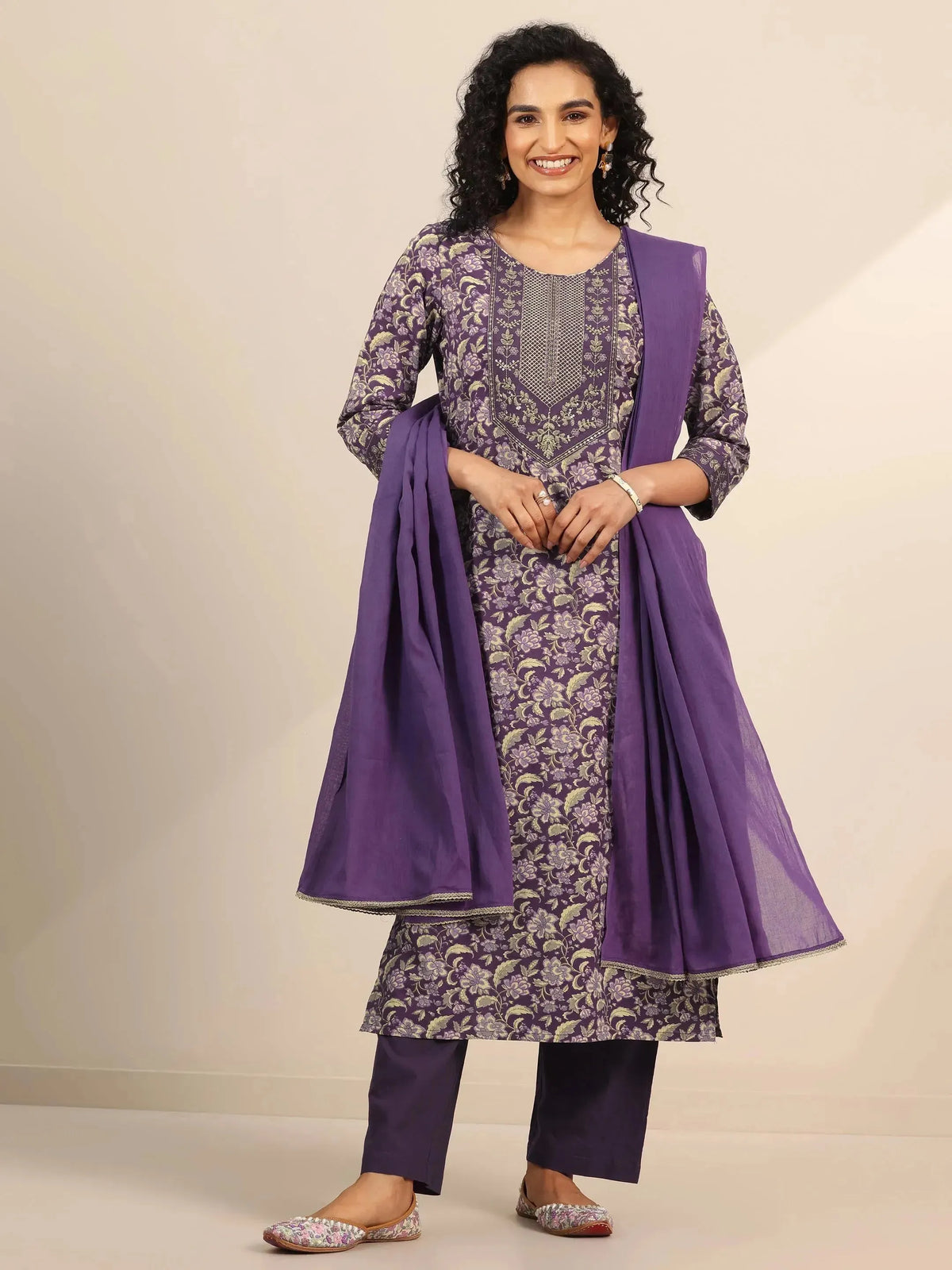 Libas Purple Yoke Design Cotton Straight Suit Set With Dupatta