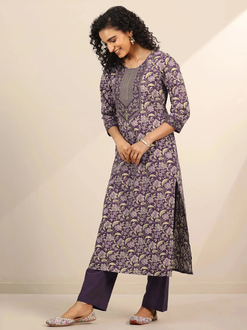 Libas Purple Yoke Design Cotton Straight Suit Set With Dupatta