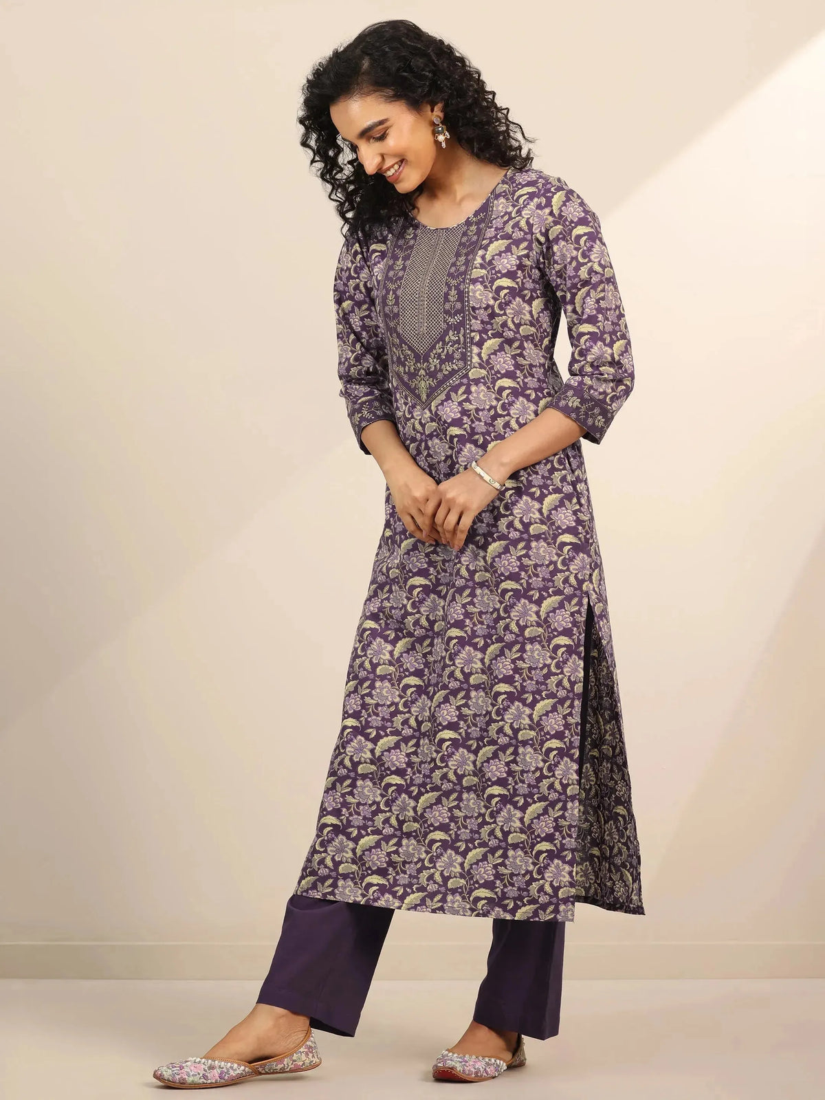 Libas Purple Yoke Design Cotton Straight Suit Set With Dupatta