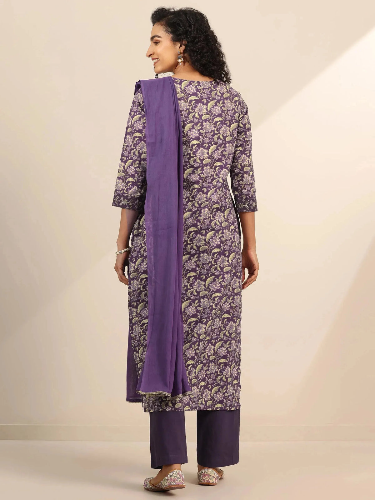 Libas Purple Yoke Design Cotton Straight Suit Set With Dupatta