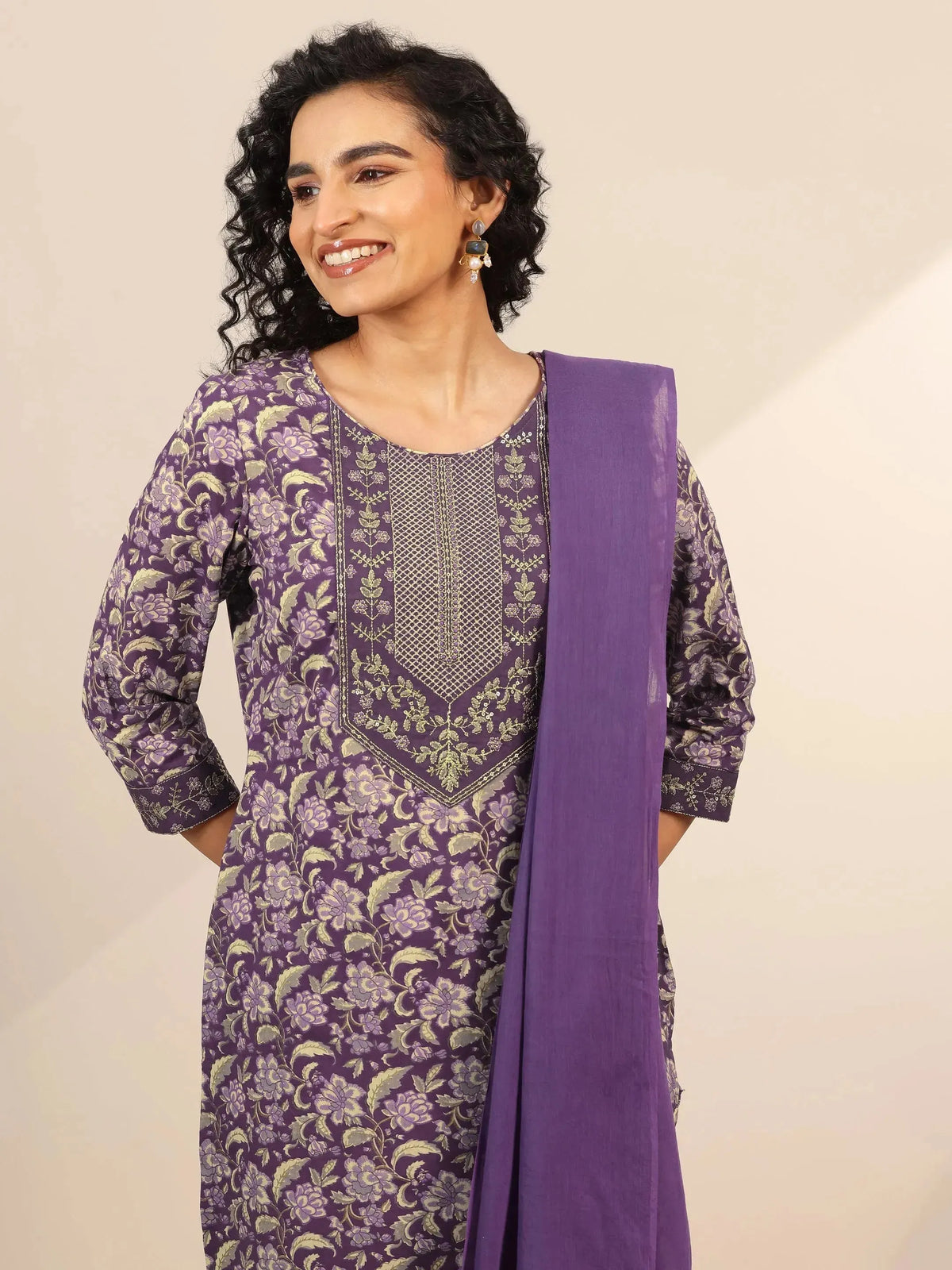Libas Purple Yoke Design Cotton Straight Suit Set With Dupatta