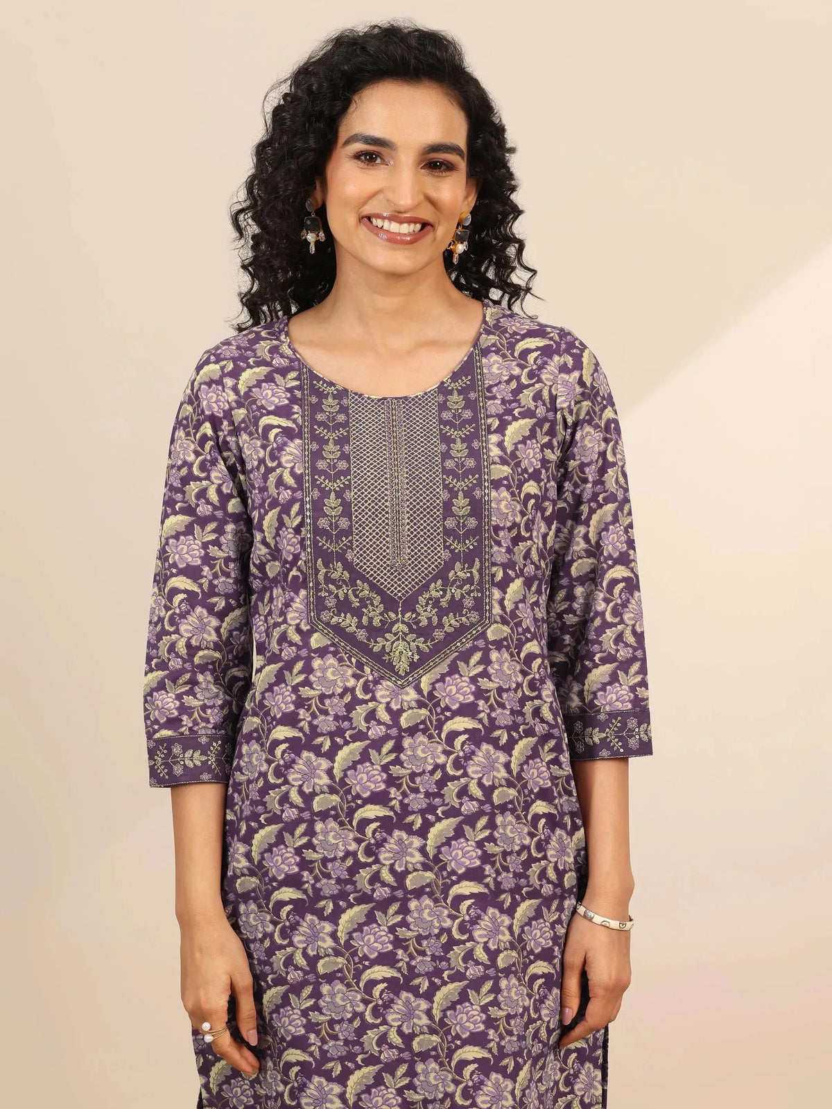 Libas Purple Yoke Design Cotton Straight Suit Set With Dupatta