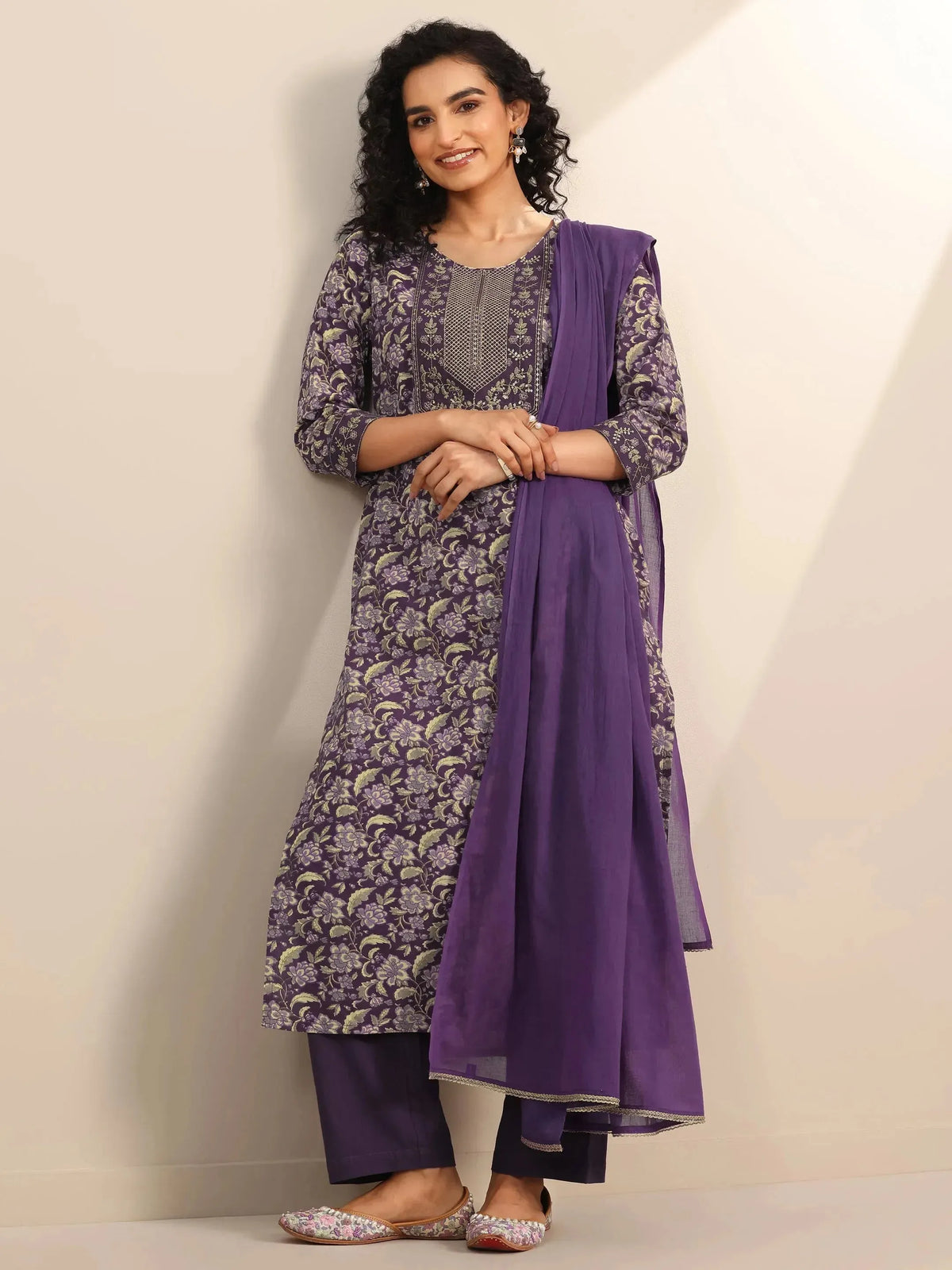 Libas Purple Yoke Design Cotton Straight Suit Set With Dupatta