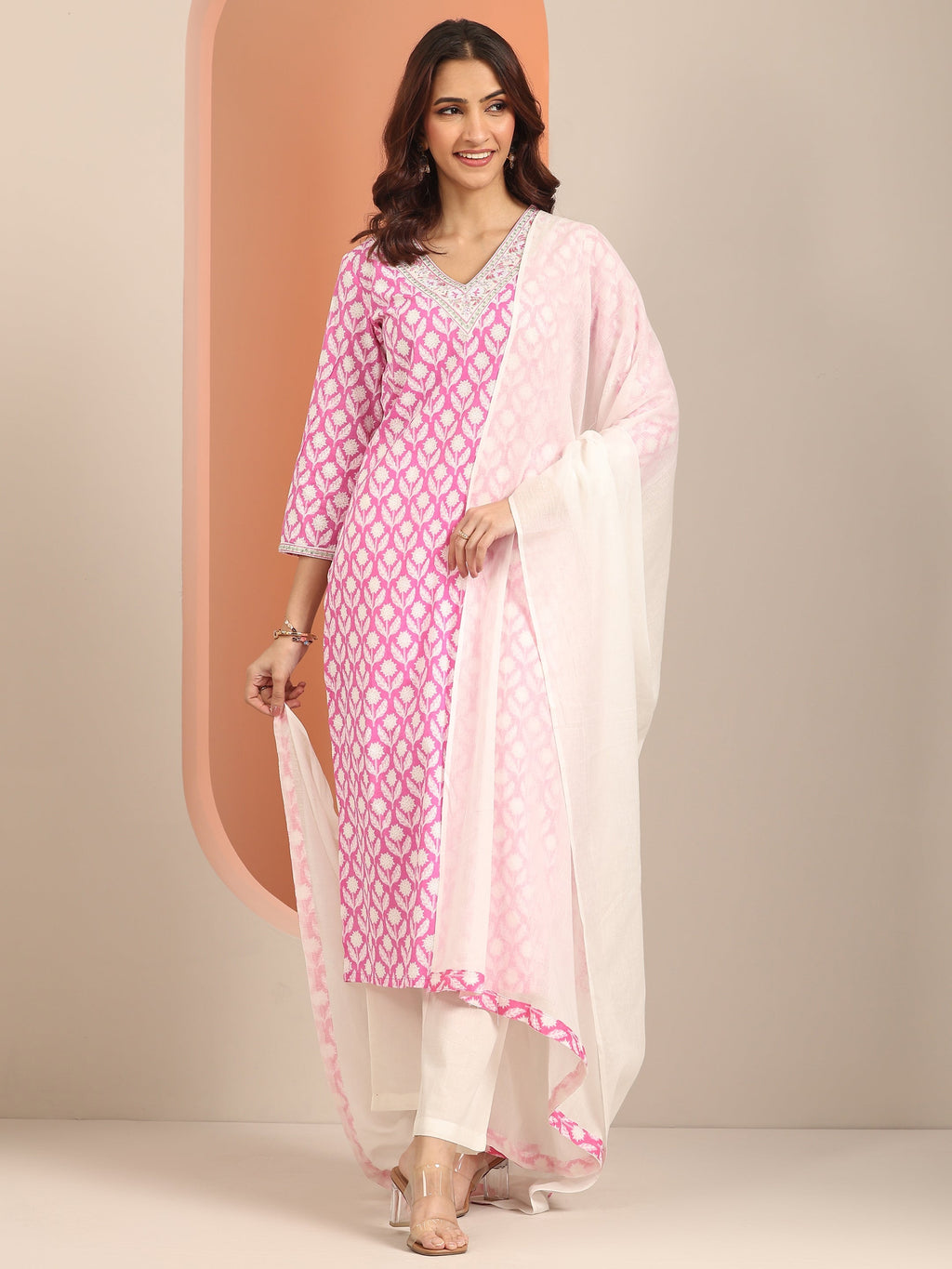 Libas Pink Yoke Design Cotton Straight Suit Set With Dupatta
