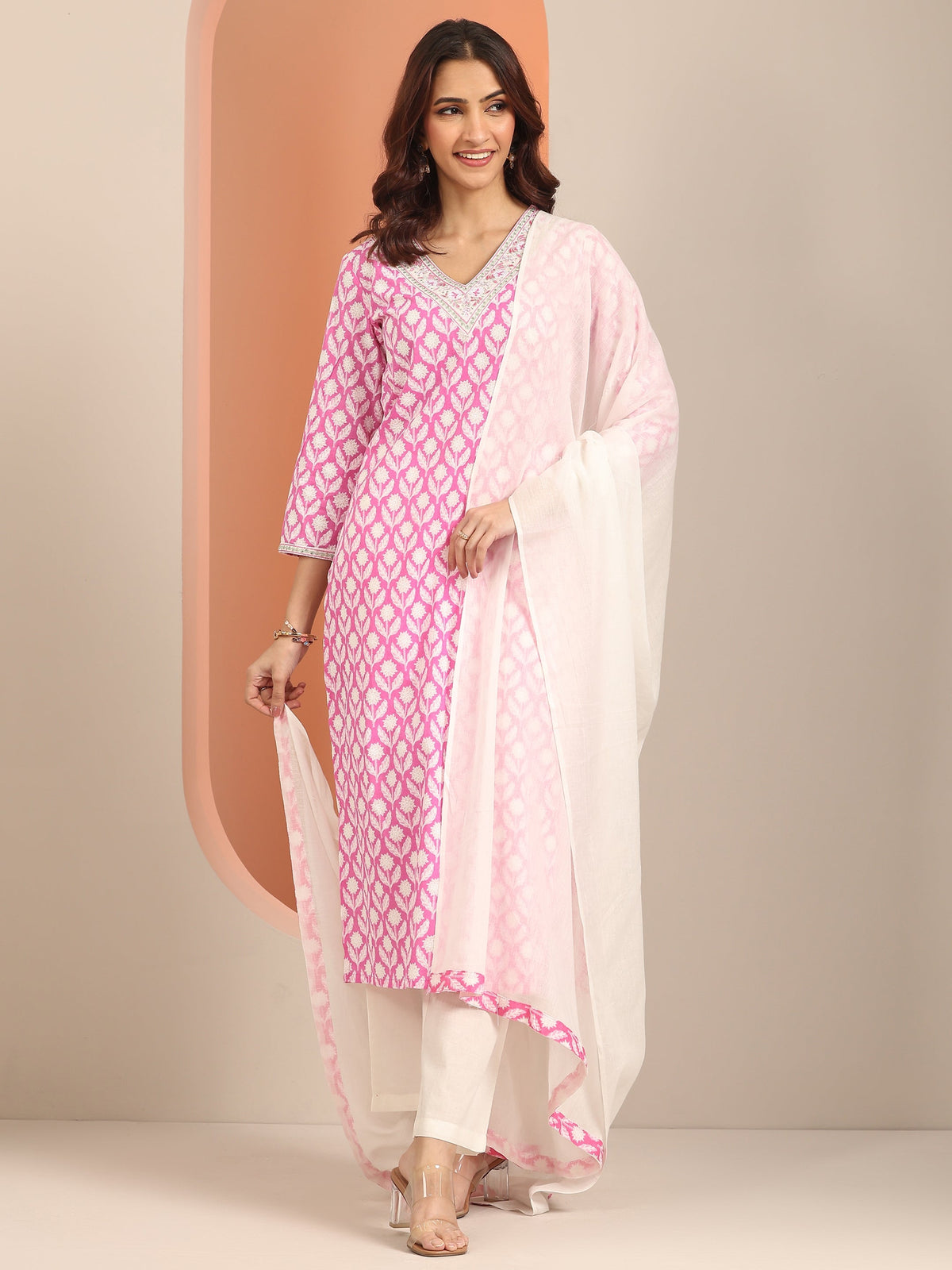 Libas Pink Yoke Design Cotton Straight Suit Set With Dupatta