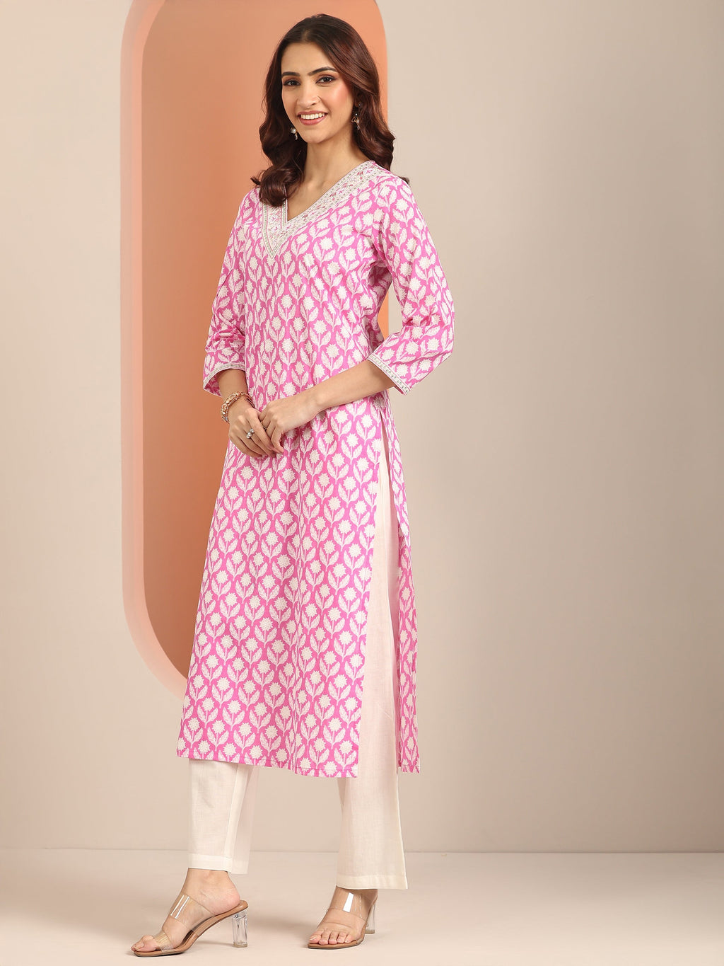 Libas Pink Yoke Design Cotton Straight Suit Set With Dupatta