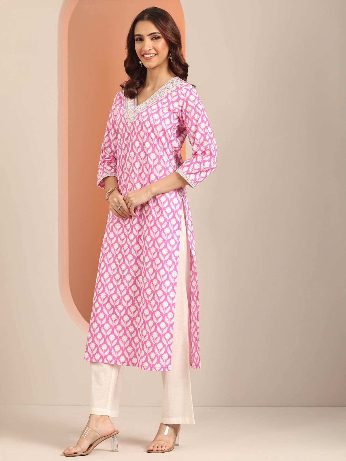 Libas Pink Yoke Design Cotton Straight Suit Set With Dupatta
