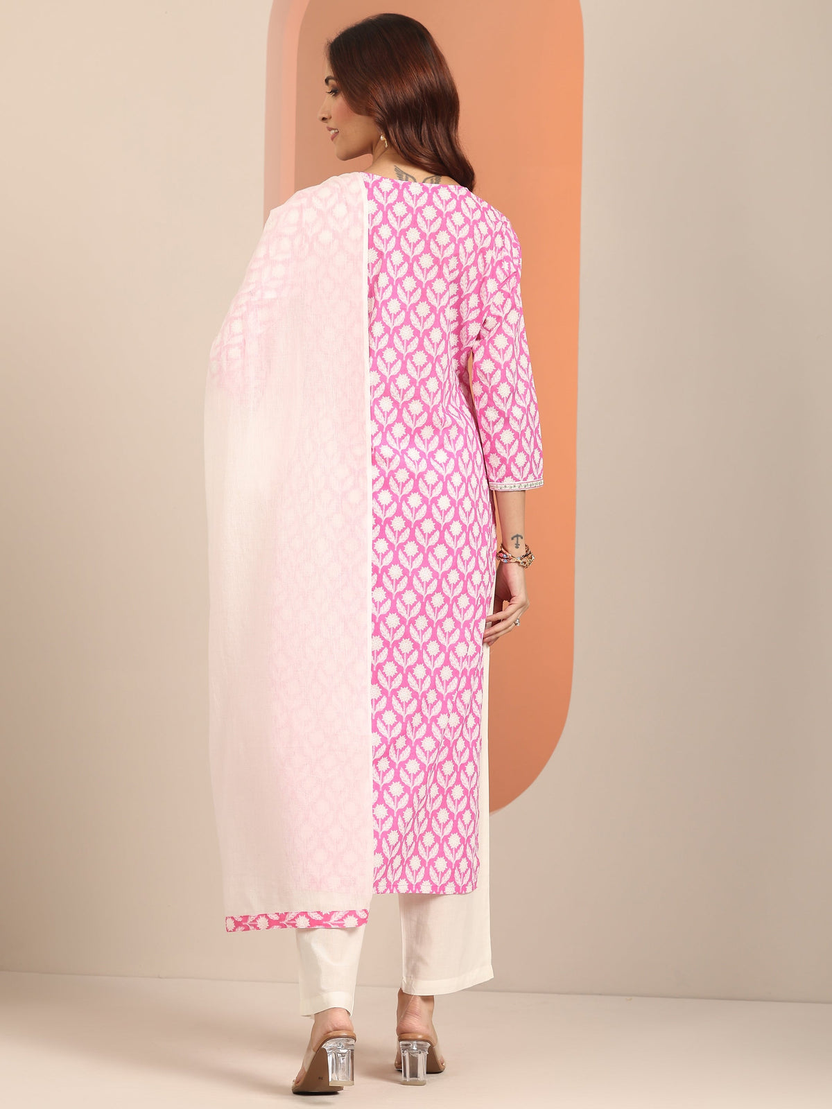 Libas Pink Yoke Design Cotton Straight Suit Set With Dupatta