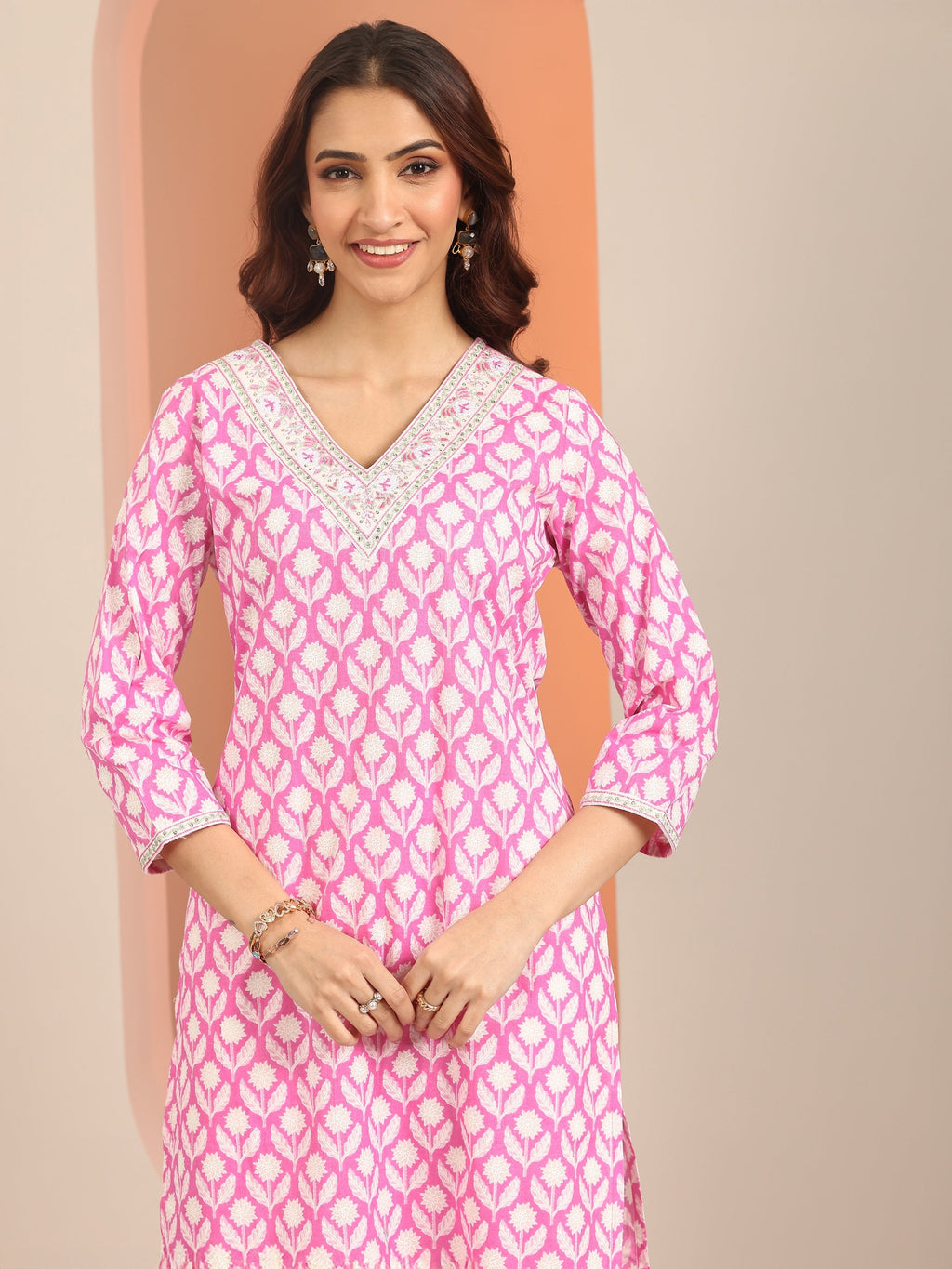 Libas Pink Yoke Design Cotton Straight Suit Set With Dupatta