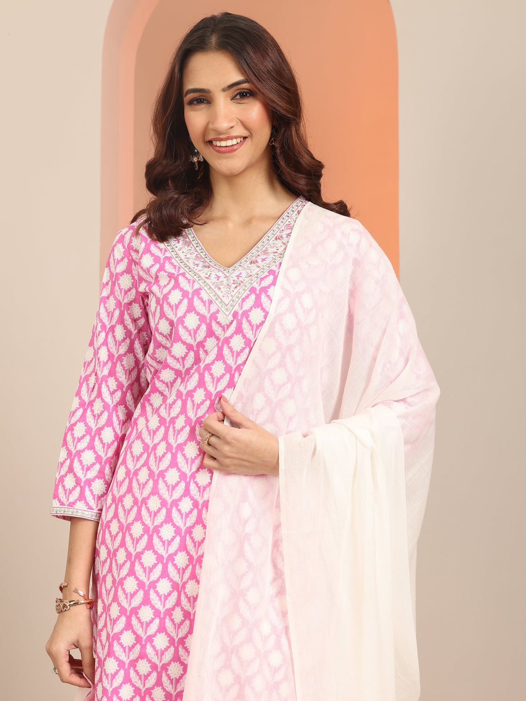Libas Pink Yoke Design Cotton Straight Suit Set With Dupatta