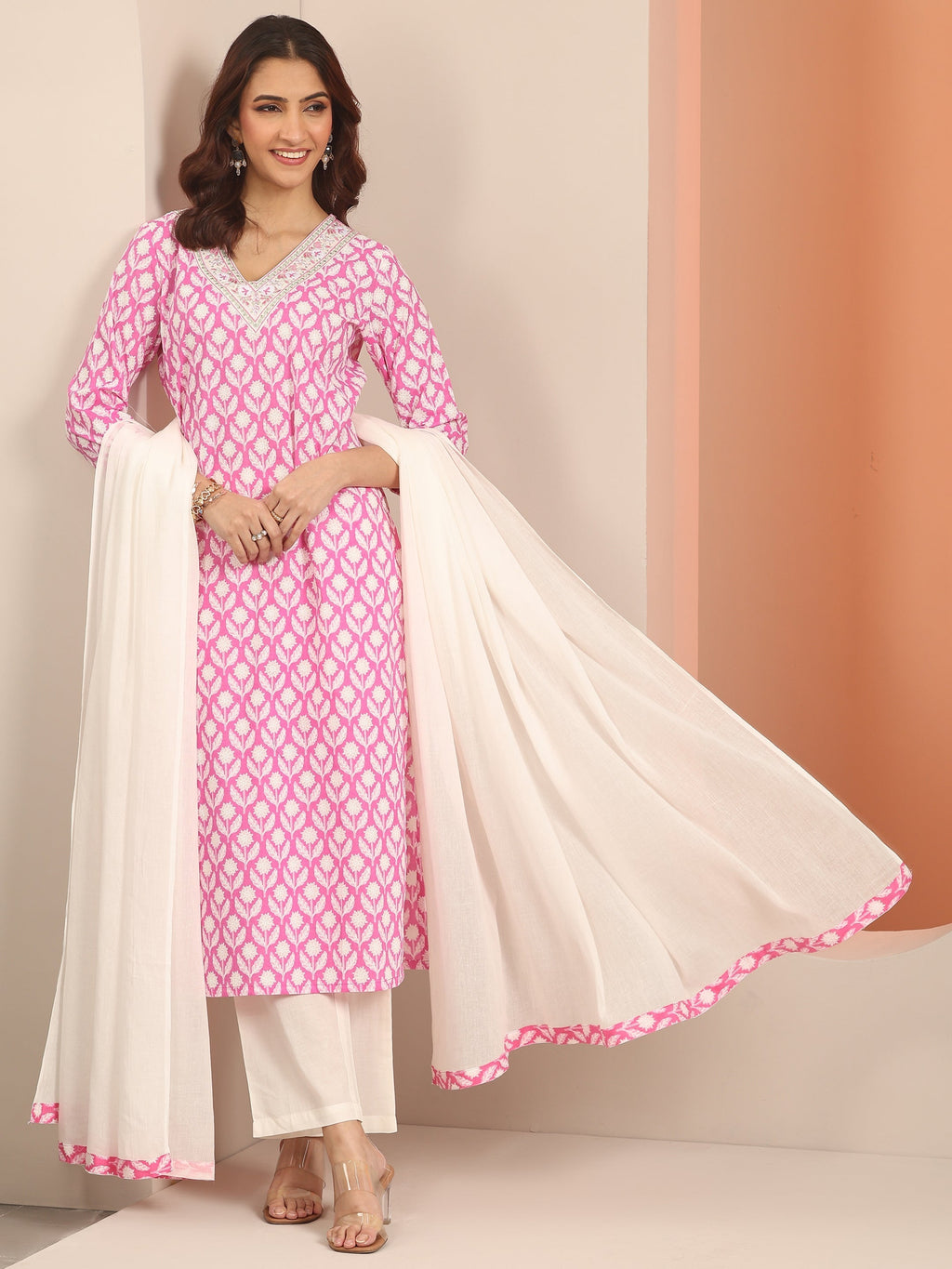 Libas Pink Yoke Design Cotton Straight Suit Set With Dupatta