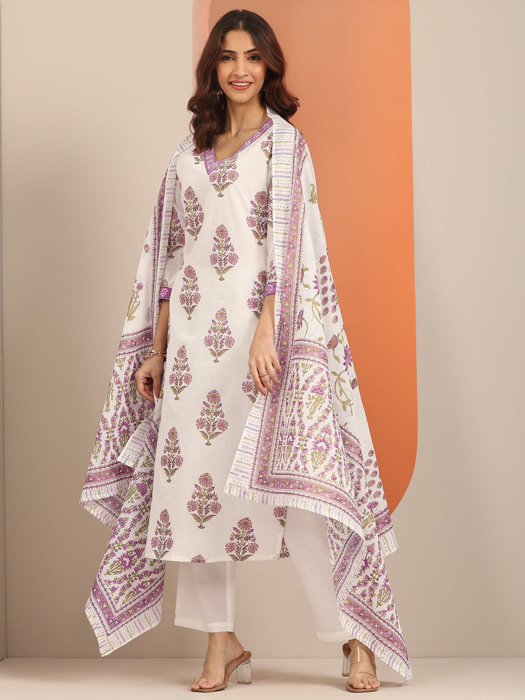 Libas White Yoke Design Cotton Straight Suit Set With Dupatta