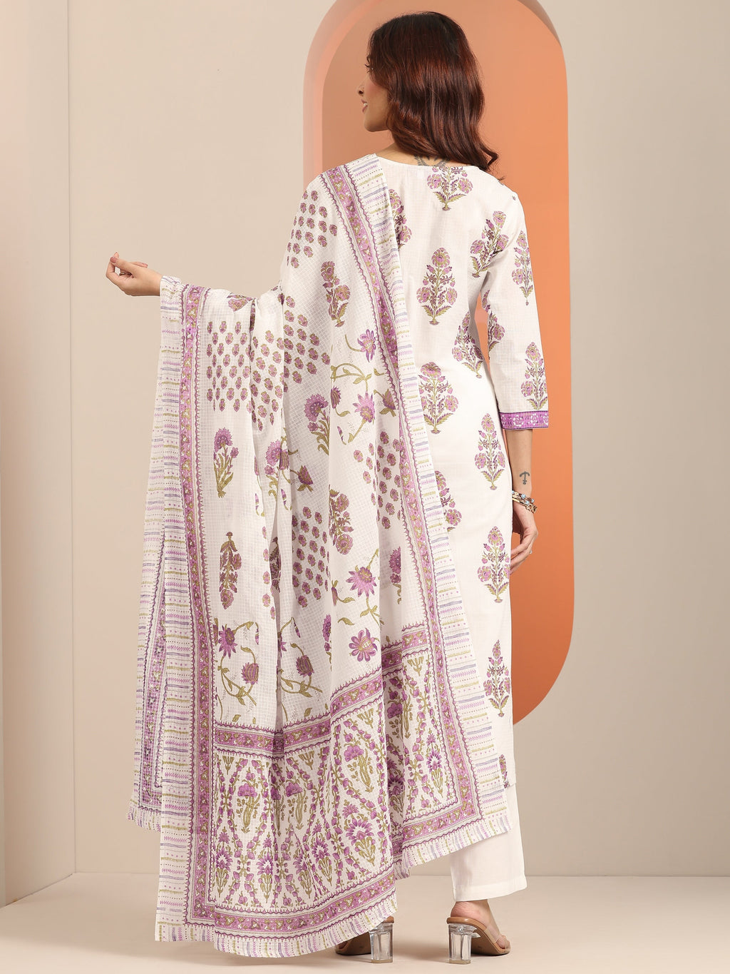 Libas White Yoke Design Cotton Straight Suit Set With Dupatta