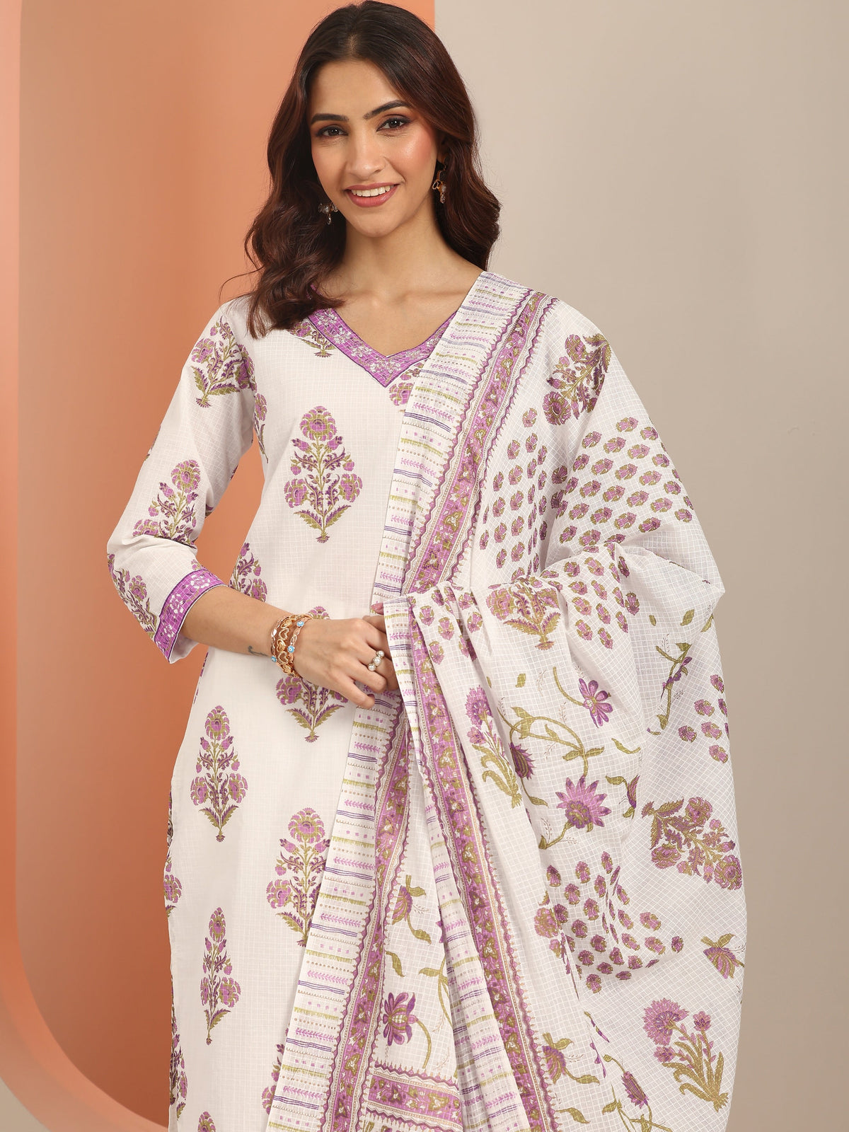 Libas White Yoke Design Cotton Straight Suit Set With Dupatta