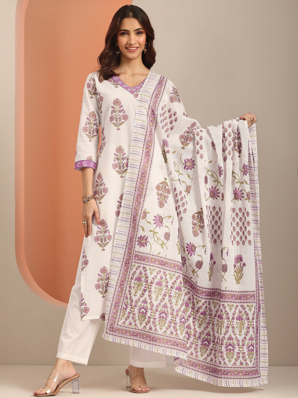 Libas White Yoke Design Cotton Straight Suit Set With Dupatta