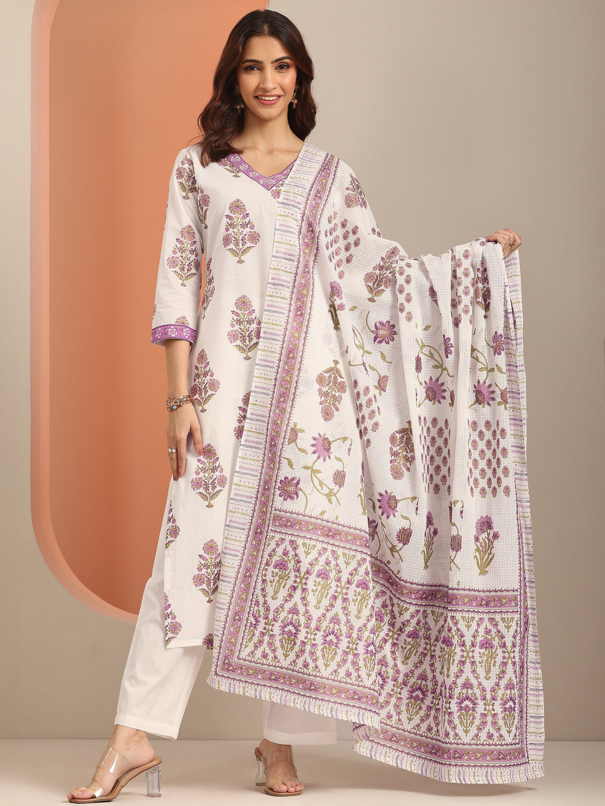 Libas White Yoke Design Cotton Straight Suit Set With Dupatta