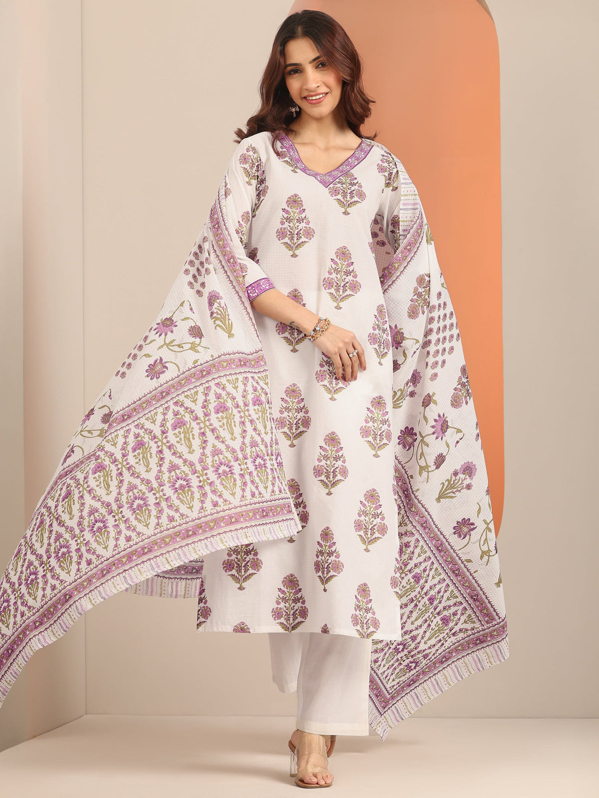 Libas White Yoke Design Cotton Straight Suit Set With Dupatta