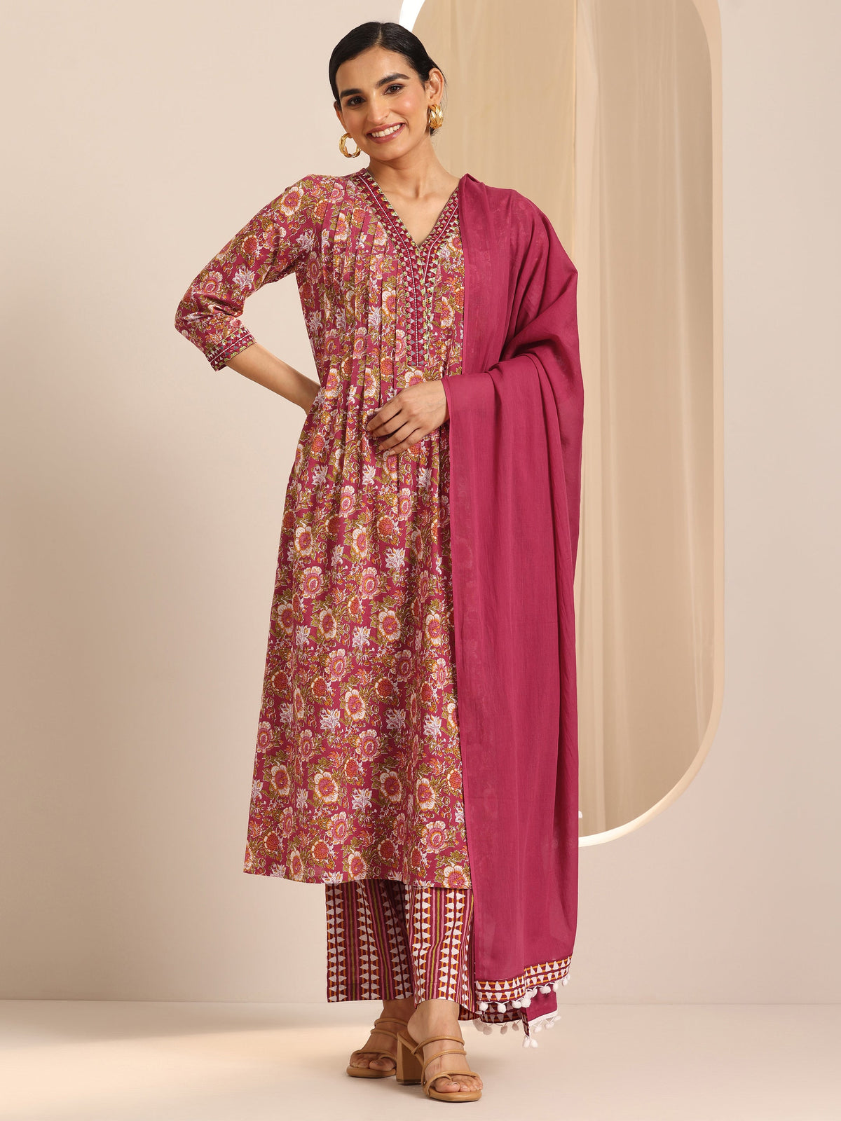 Libas Red Printed Cotton A-Line Suit Set With Dupatta