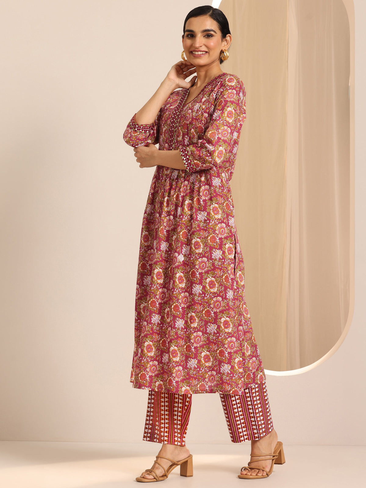 Libas Red Printed Cotton A-Line Suit Set With Dupatta