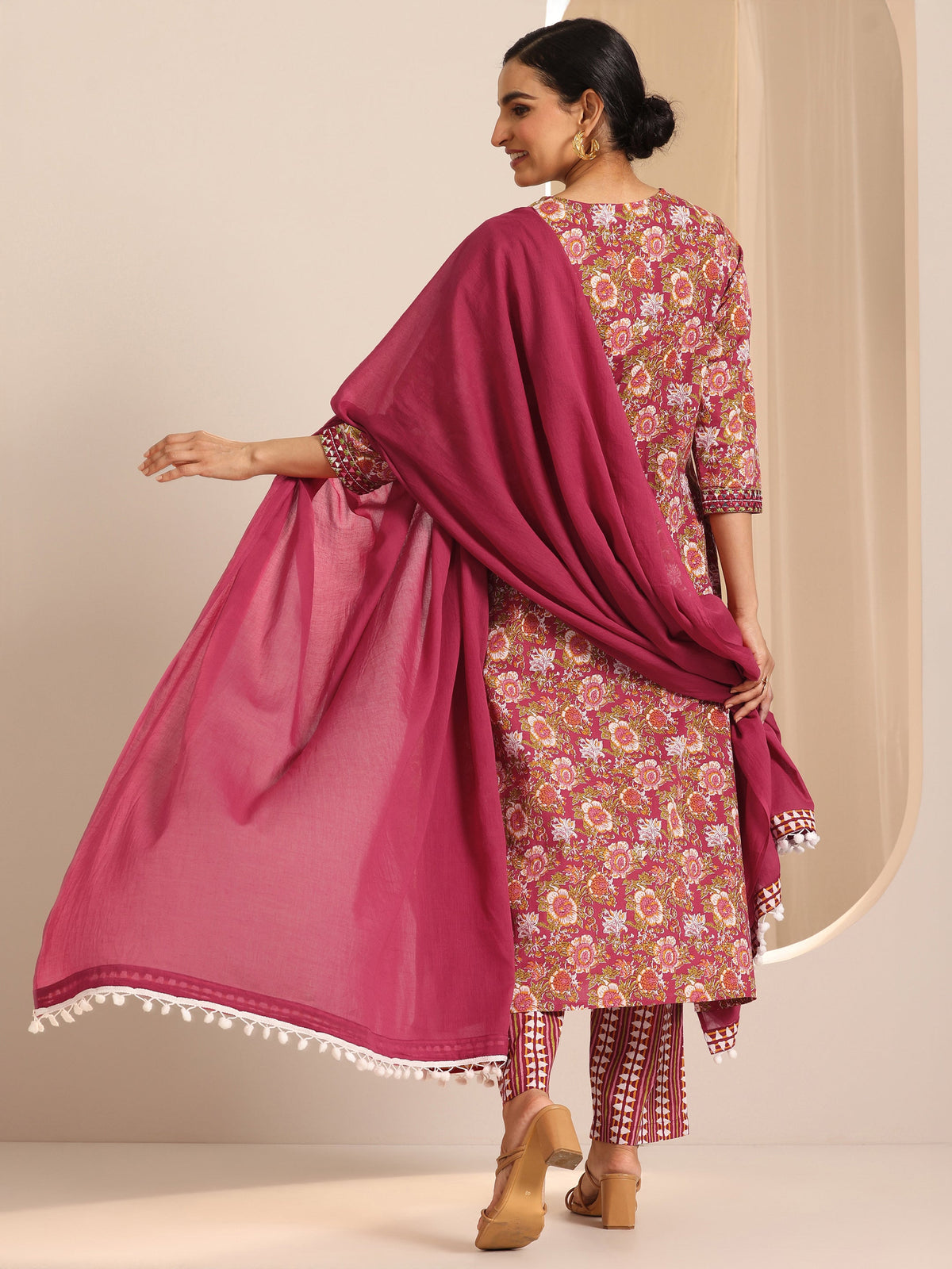 Libas Red Printed Cotton A-Line Suit Set With Dupatta
