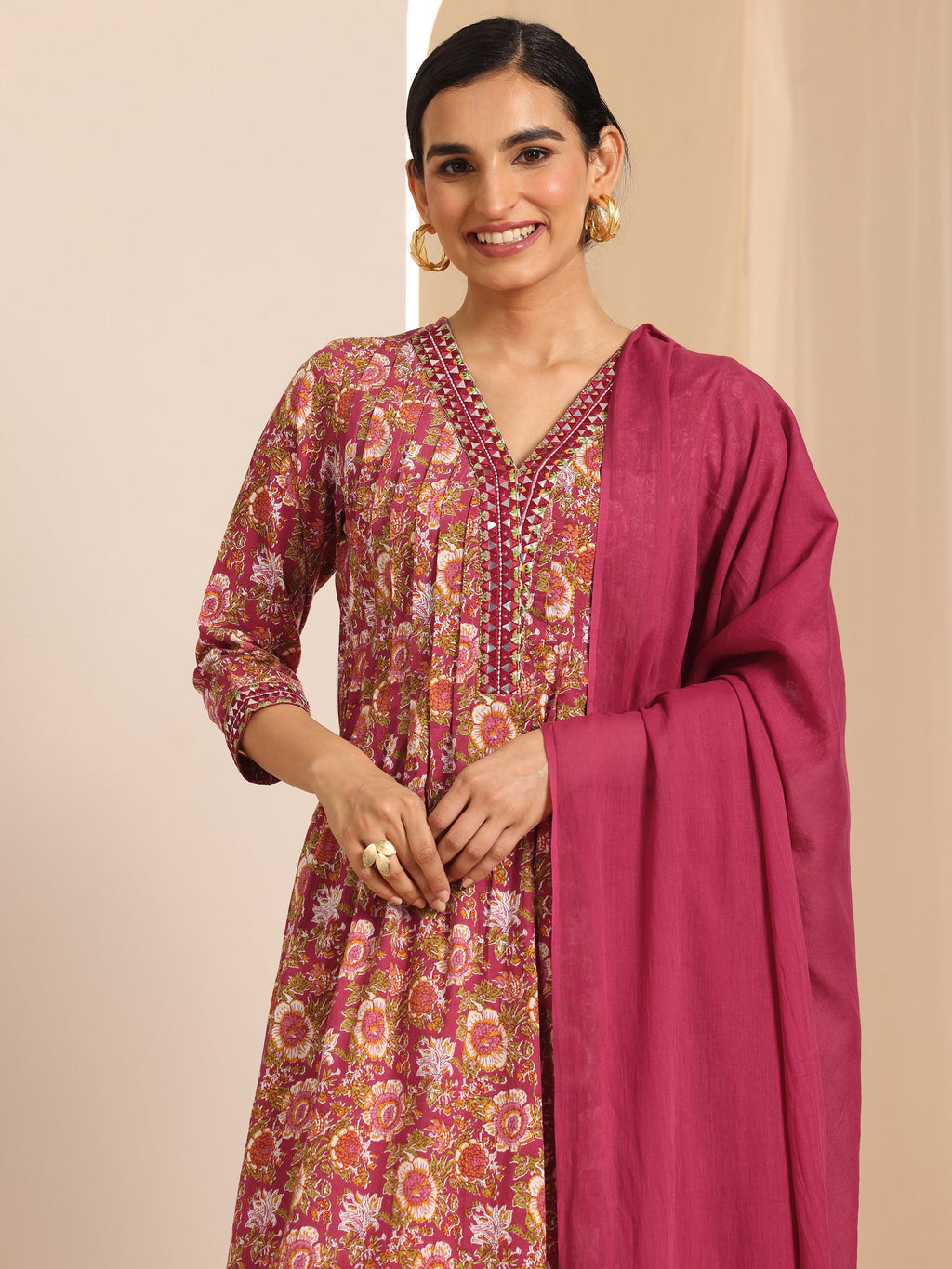 Libas Red Printed Cotton A-Line Suit Set With Dupatta