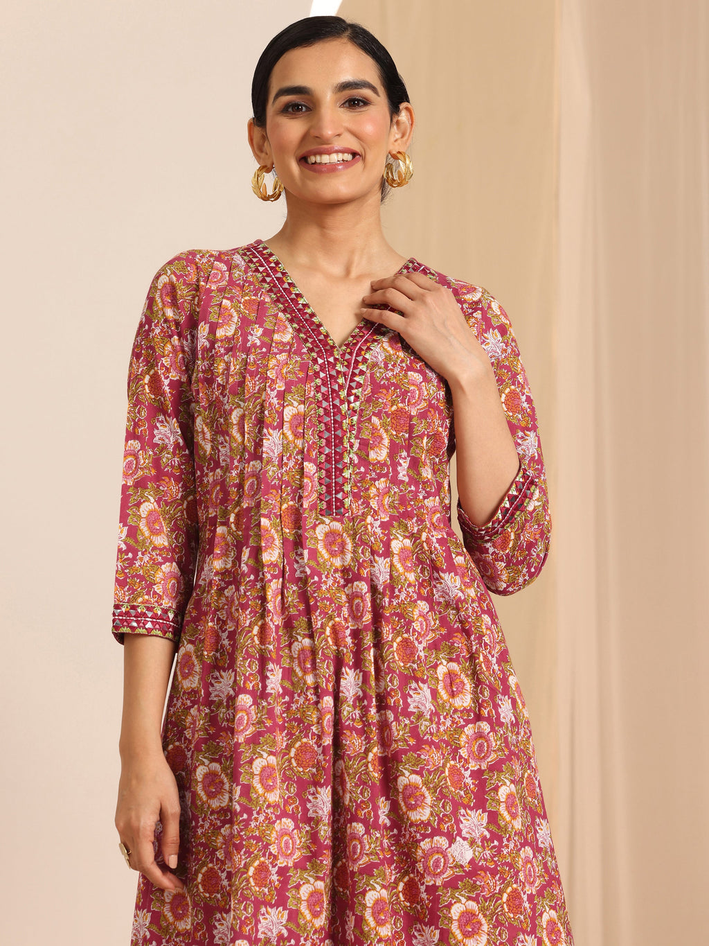 Libas Red Printed Cotton A-Line Suit Set With Dupatta