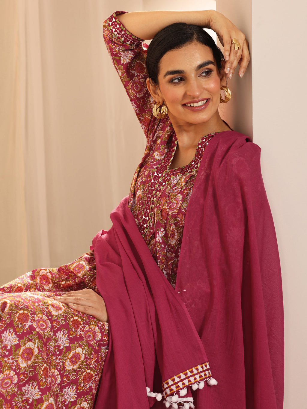 Libas Red Printed Cotton A-Line Suit Set With Dupatta