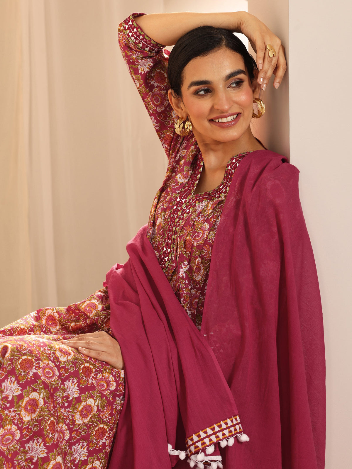 Libas Red Printed Cotton A-Line Suit Set With Dupatta