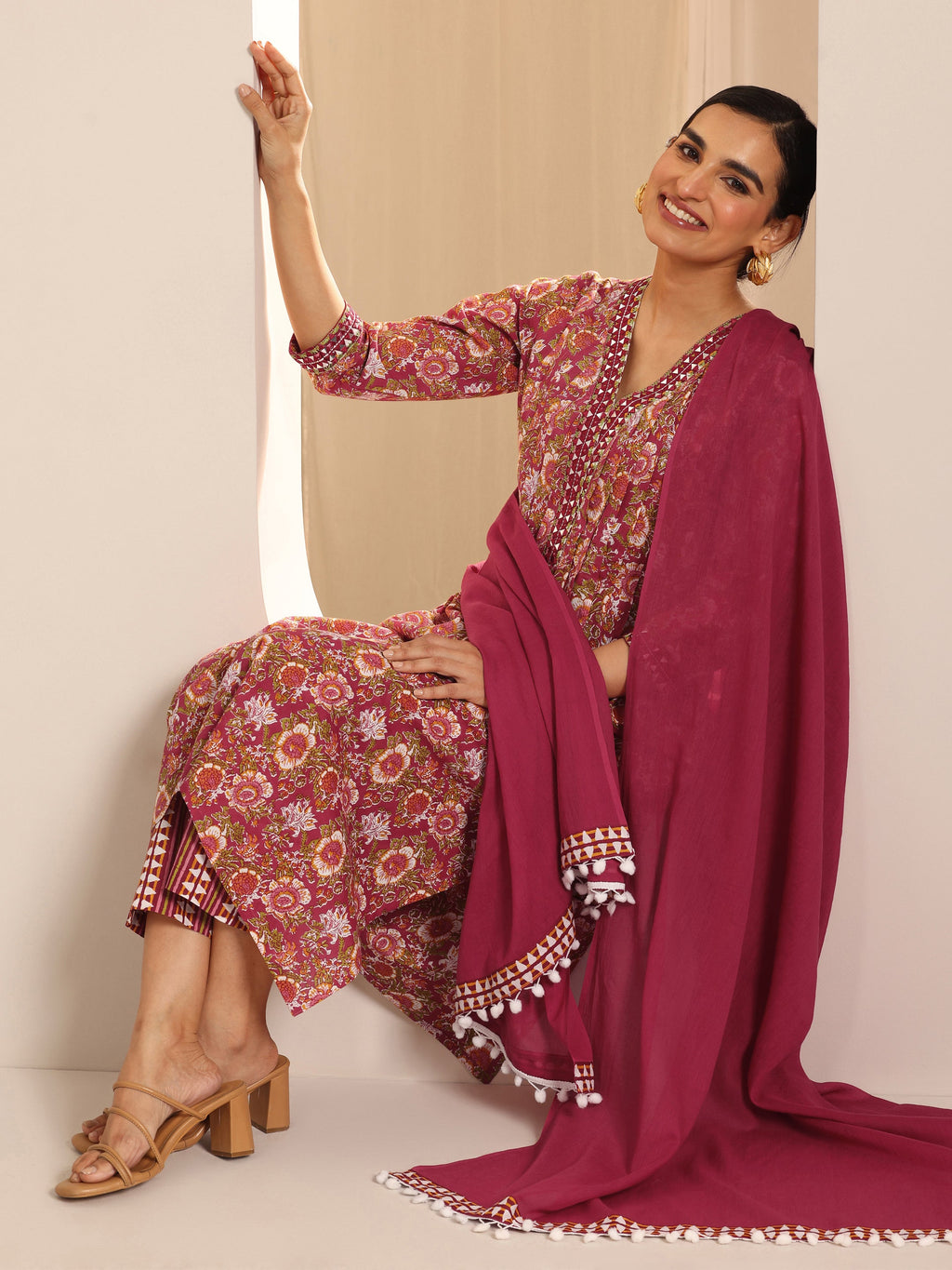 Libas Red Printed Cotton A-Line Suit Set With Dupatta