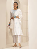Libas White Embroidered Cotton Blend Straight Suit Set With Dupatta