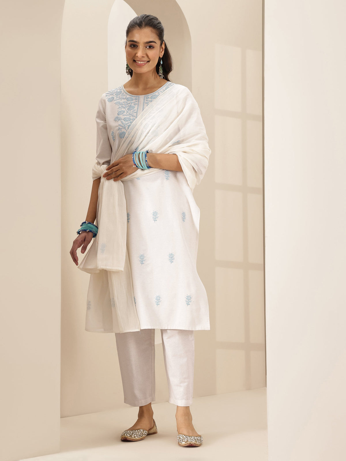 Libas White Embroidered Cotton Blend Straight Suit Set With Dupatta