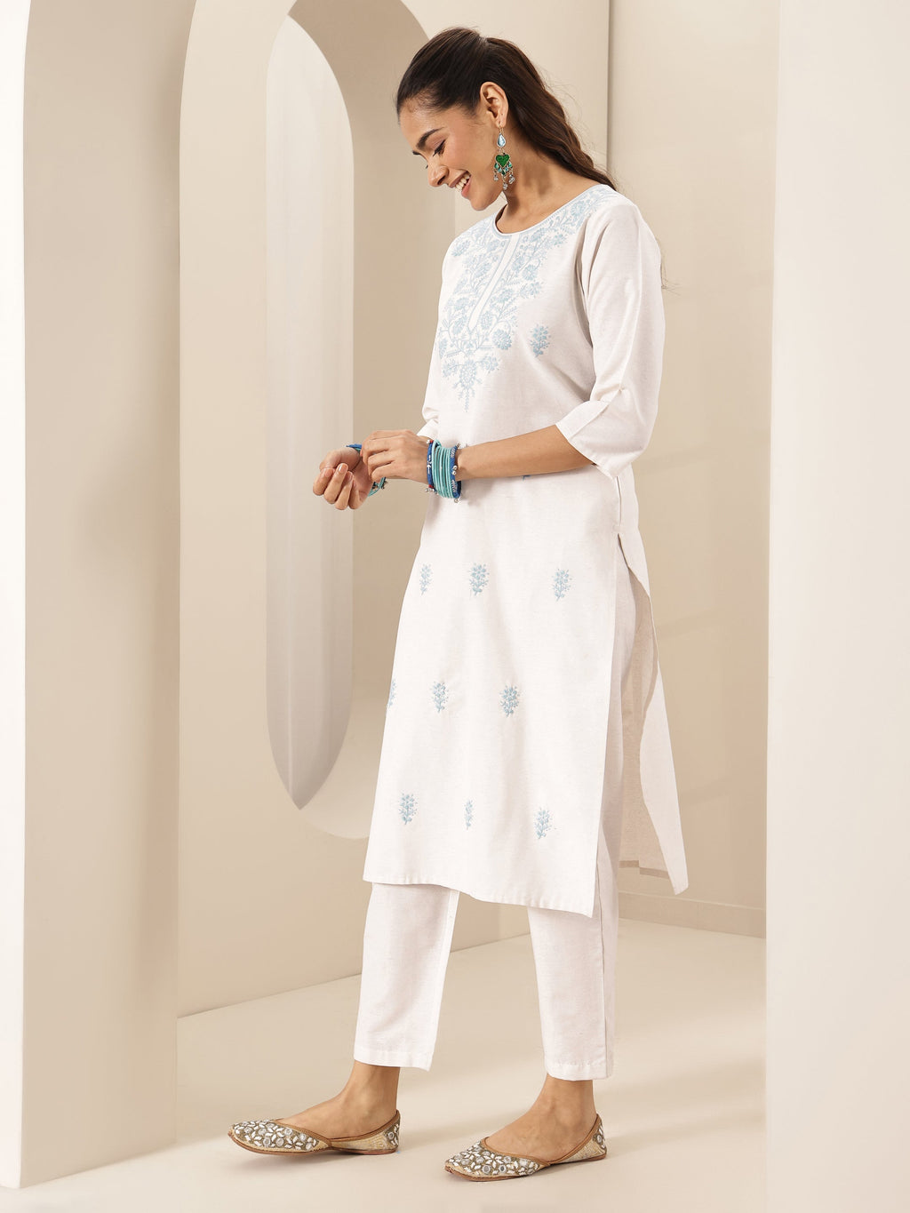 Libas White Embroidered Cotton Blend Straight Suit Set With Dupatta