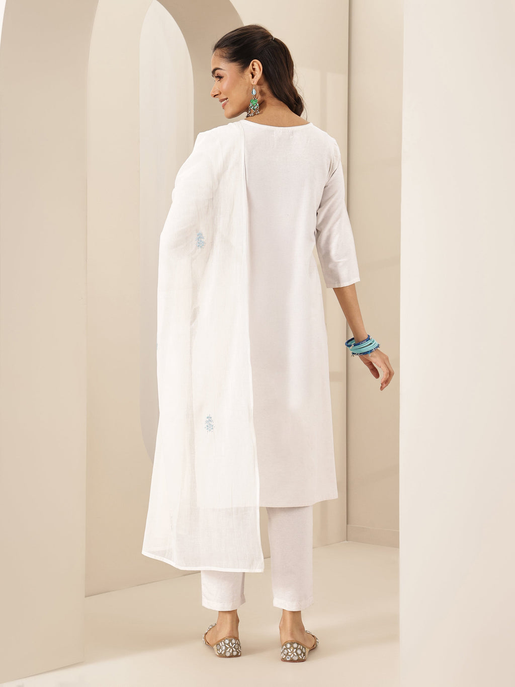 Libas White Embroidered Cotton Blend Straight Suit Set With Dupatta