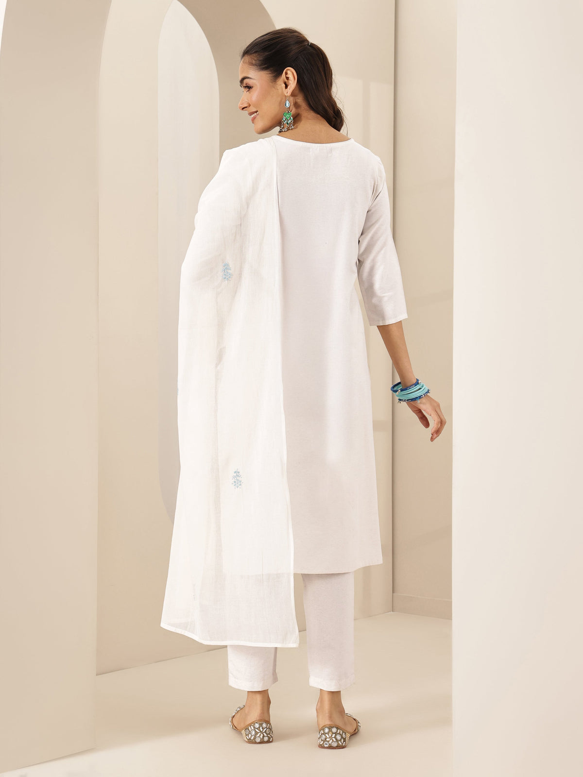 Libas White Embroidered Cotton Blend Straight Suit Set With Dupatta