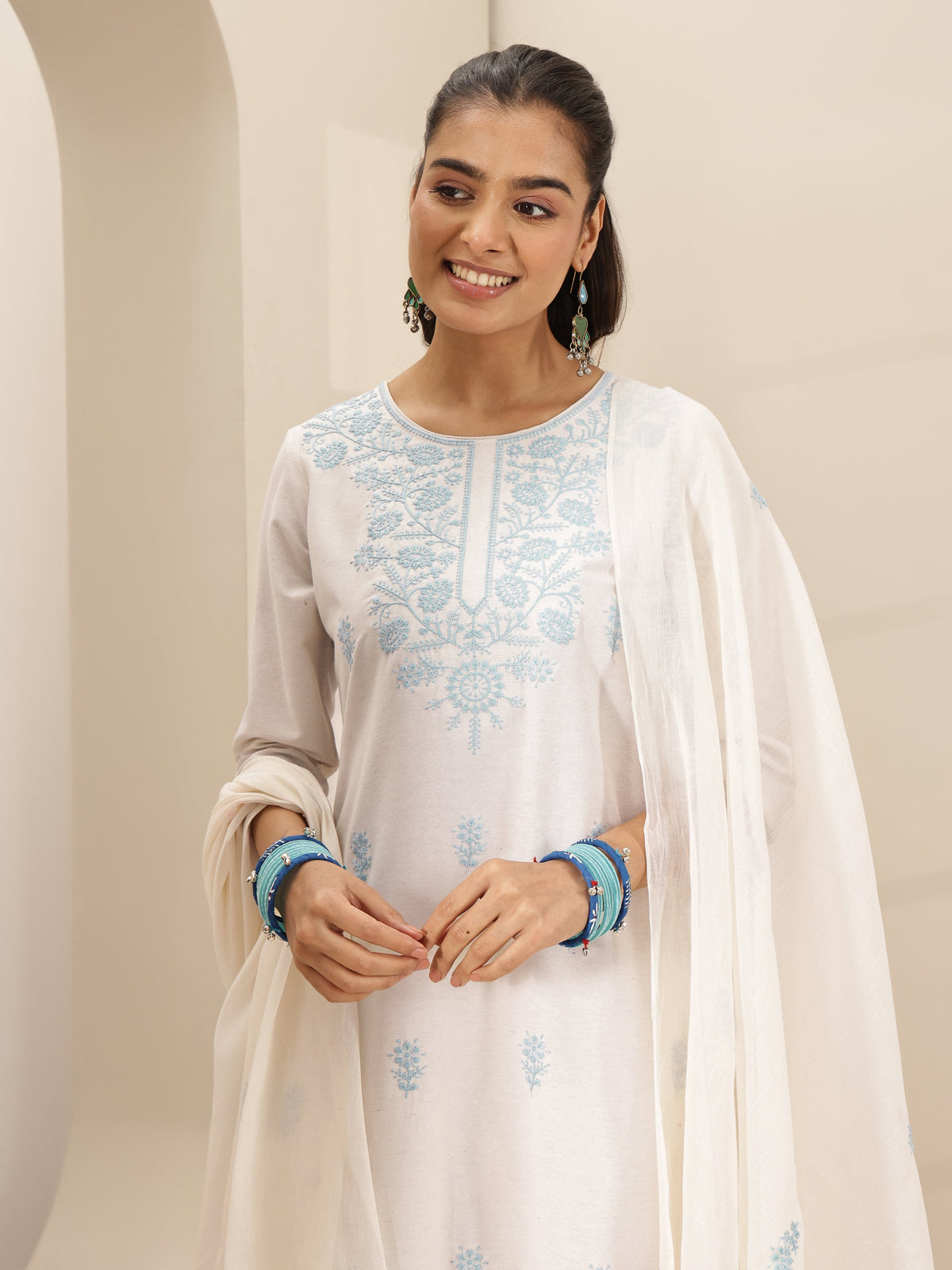 Libas White Embroidered Cotton Blend Straight Suit Set With Dupatta