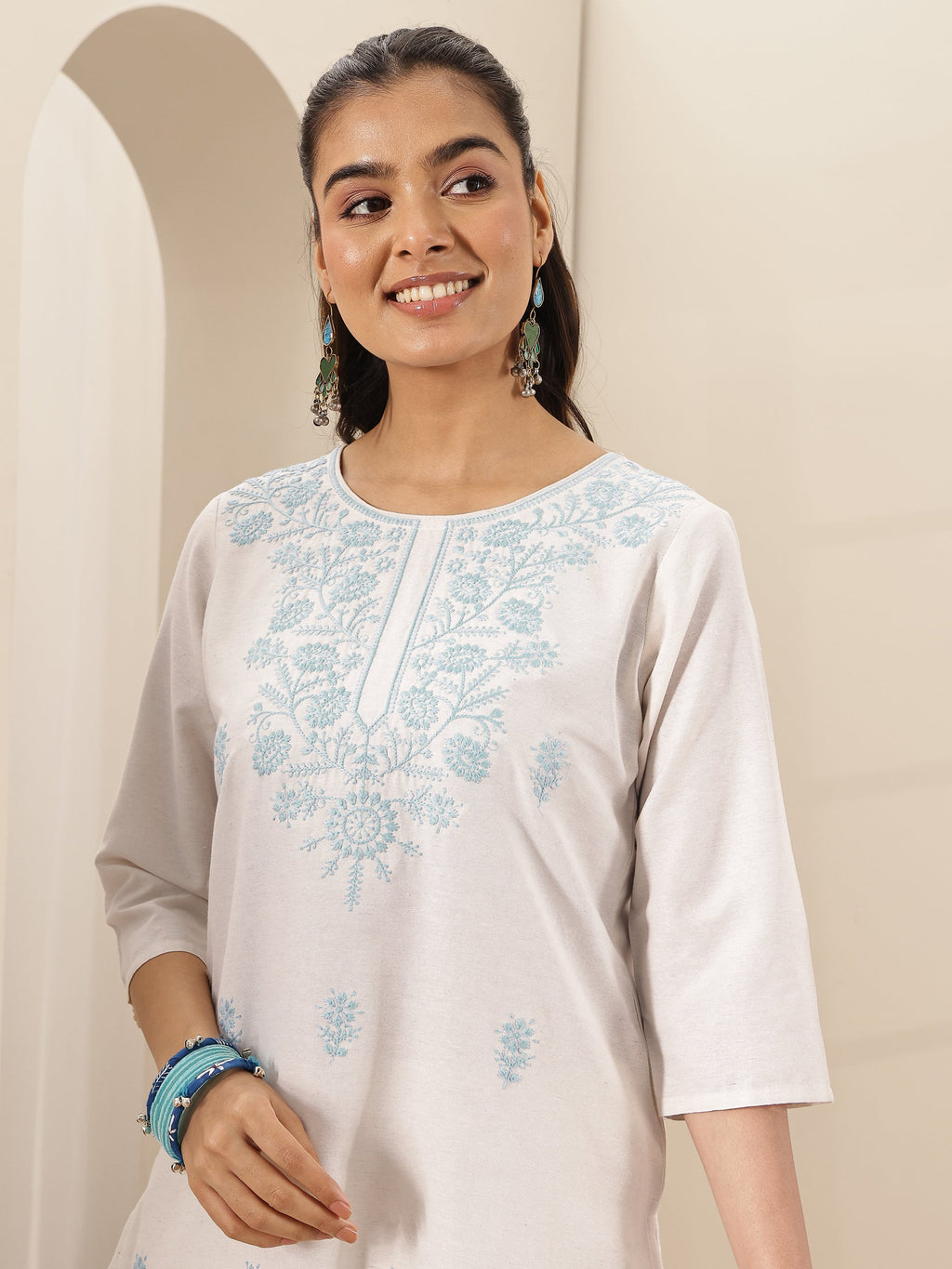 Libas White Embroidered Cotton Blend Straight Suit Set With Dupatta