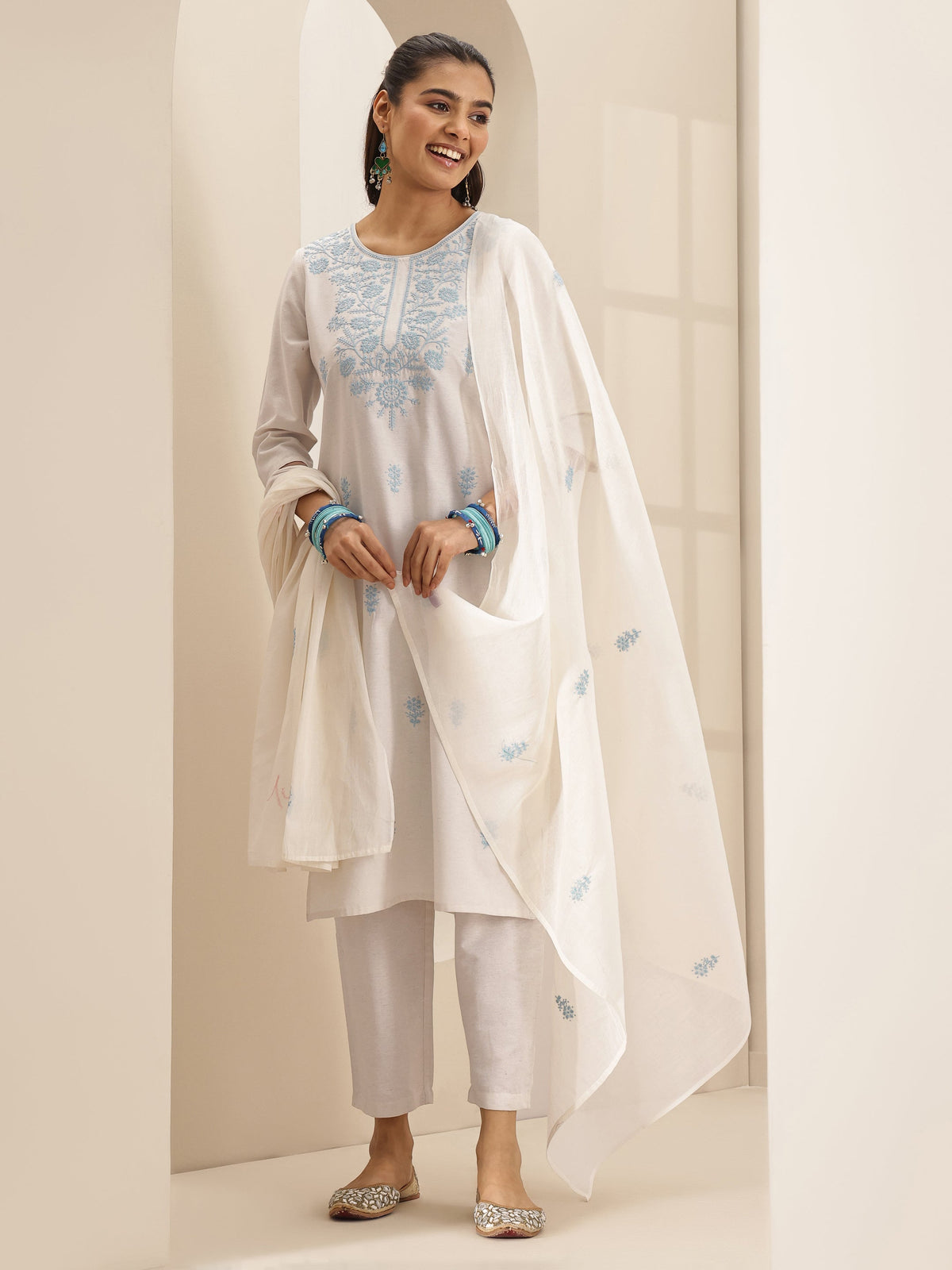 Libas White Embroidered Cotton Blend Straight Suit Set With Dupatta