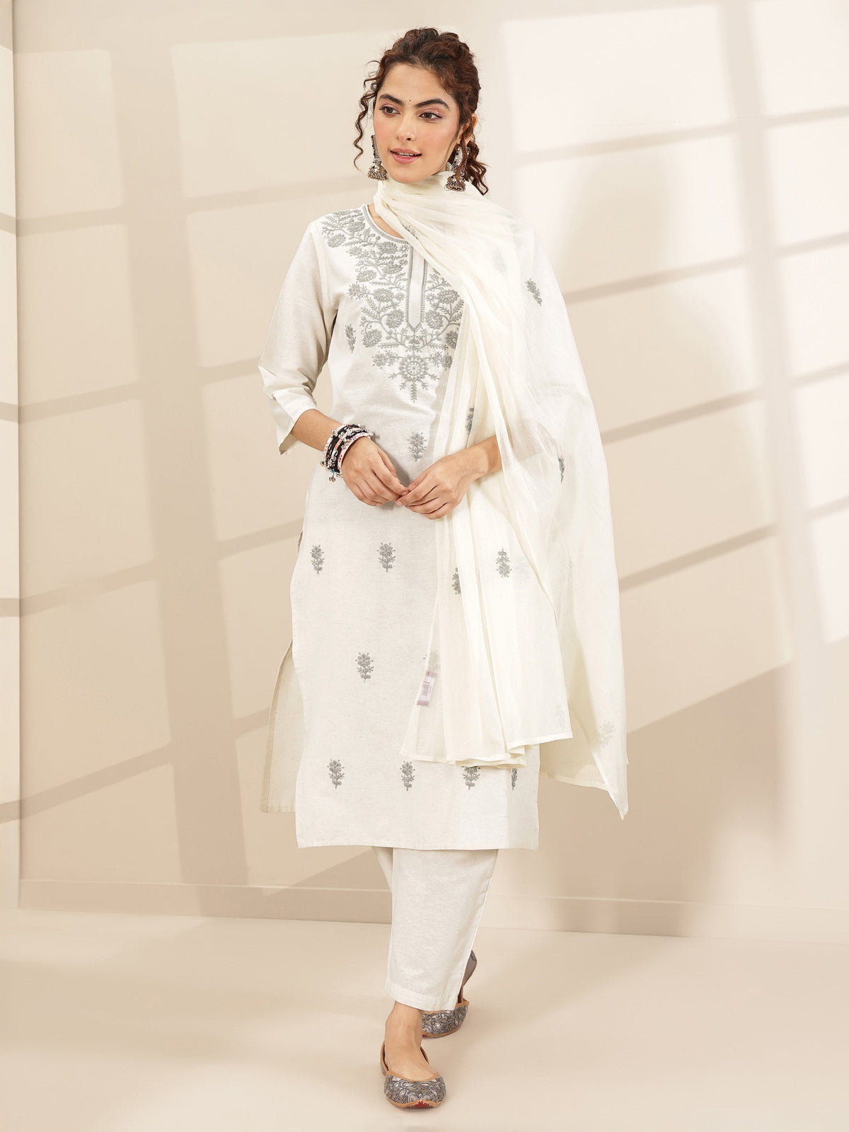 Libas White Embroidered Cotton Blend Straight Suit Sets With Dupatta