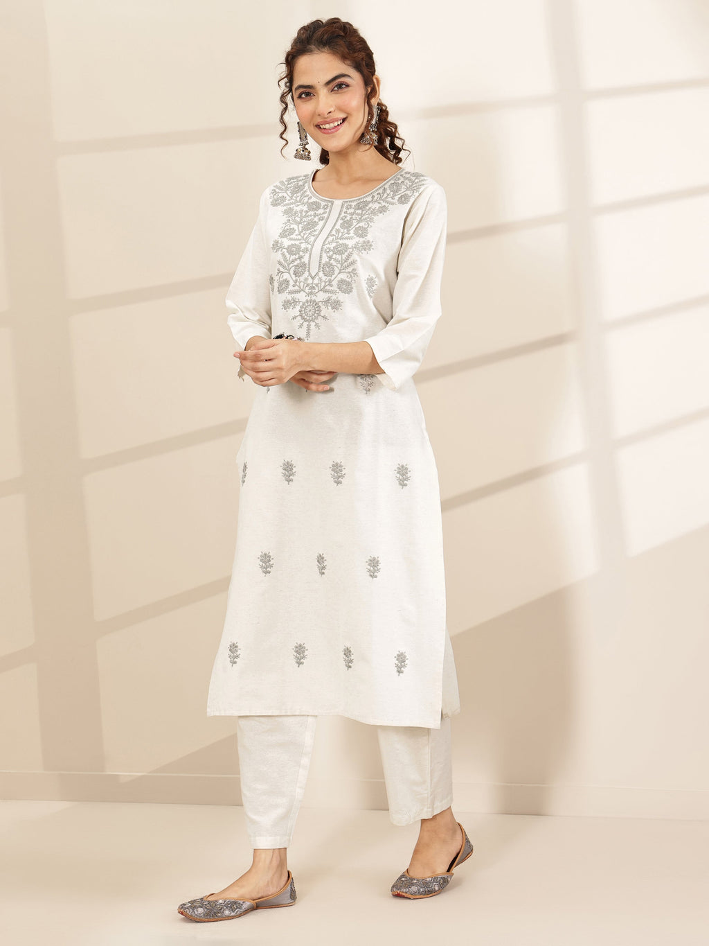 Libas White Embroidered Cotton Blend Straight Suit Sets With Dupatta