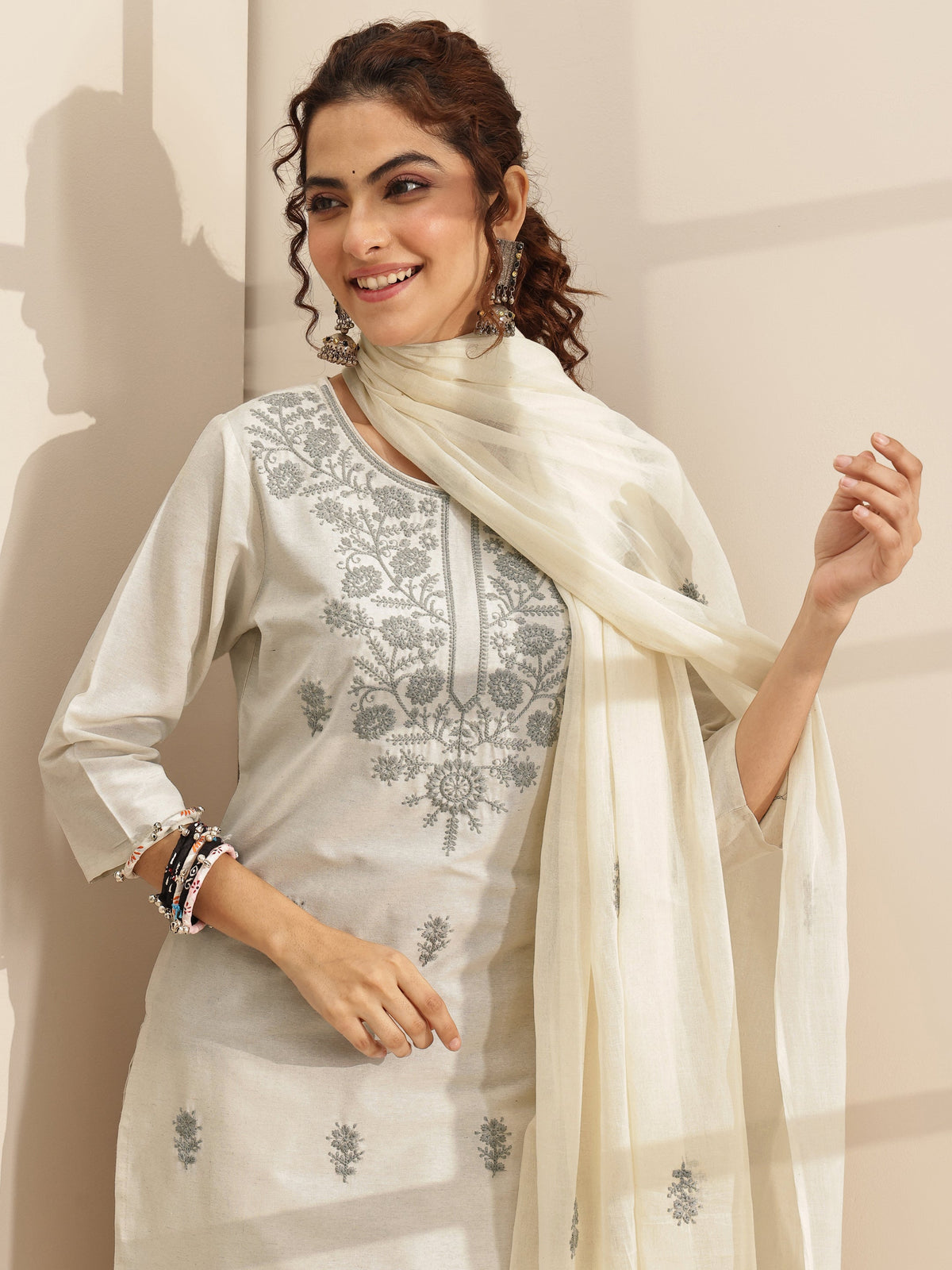 Libas White Embroidered Cotton Blend Straight Suit Sets With Dupatta