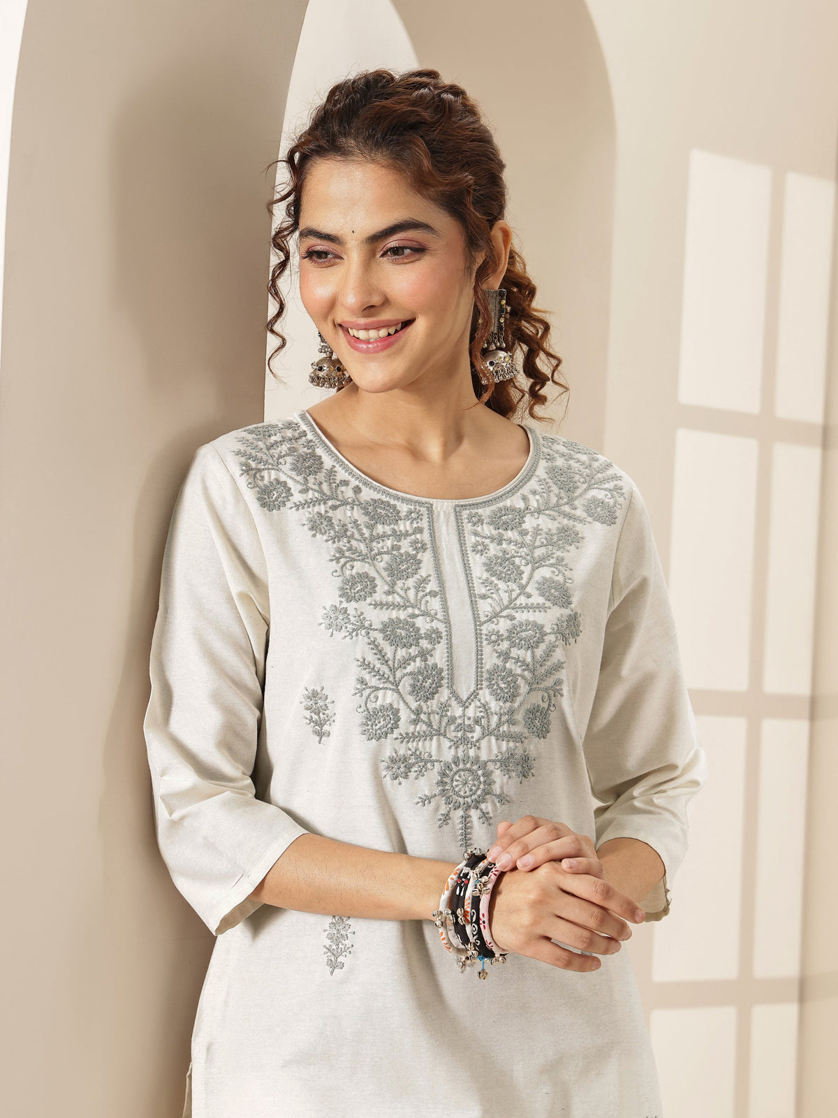 Libas White Embroidered Cotton Blend Straight Suit Sets With Dupatta
