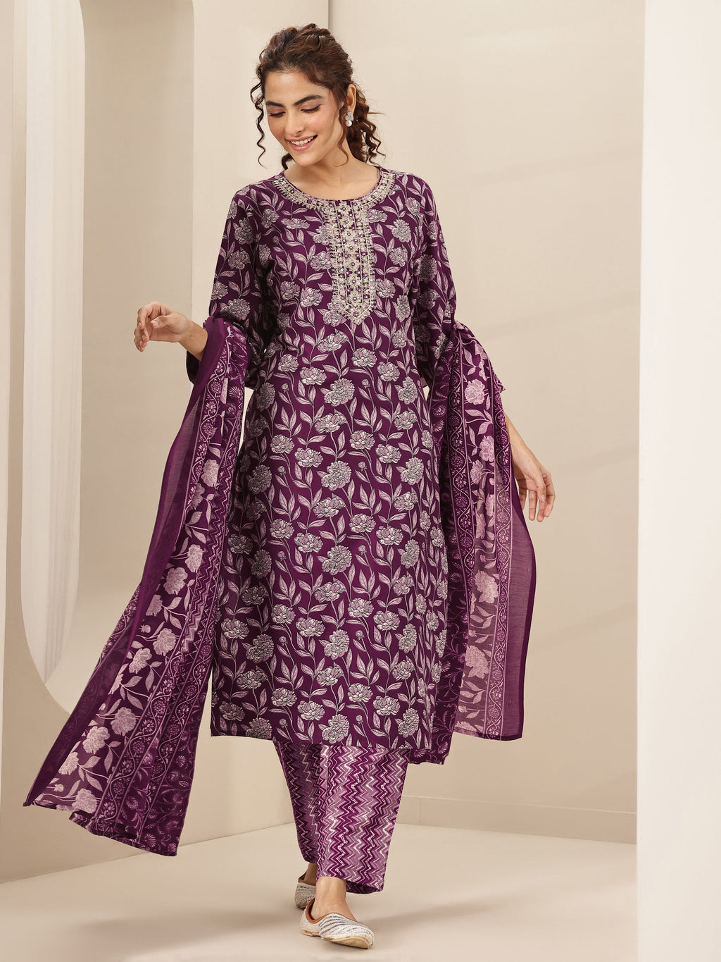 Libas Burgundy Printed Cotton Blend Straight Suit Sets With Dupatta