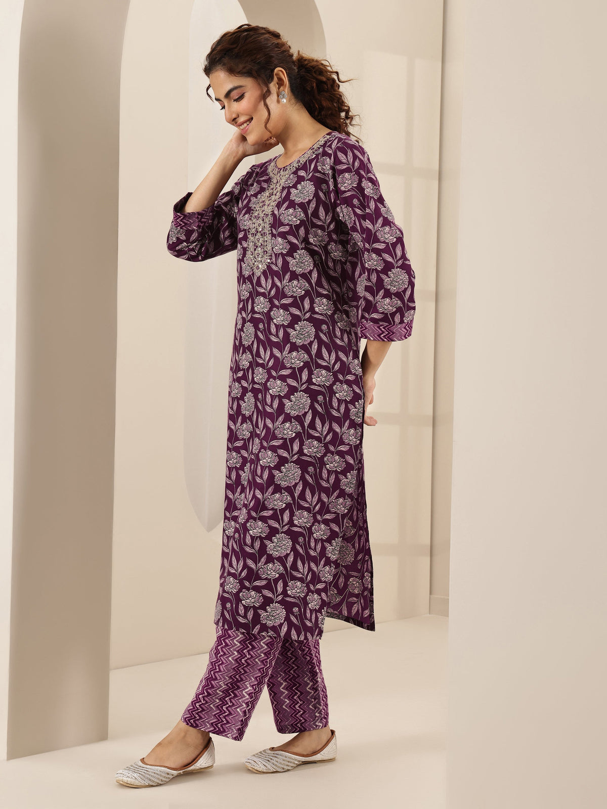 Libas Burgundy Printed Cotton Blend Straight Suit Sets With Dupatta