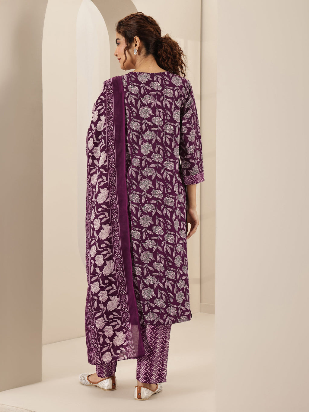 Libas Burgundy Printed Cotton Blend Straight Suit Sets With Dupatta